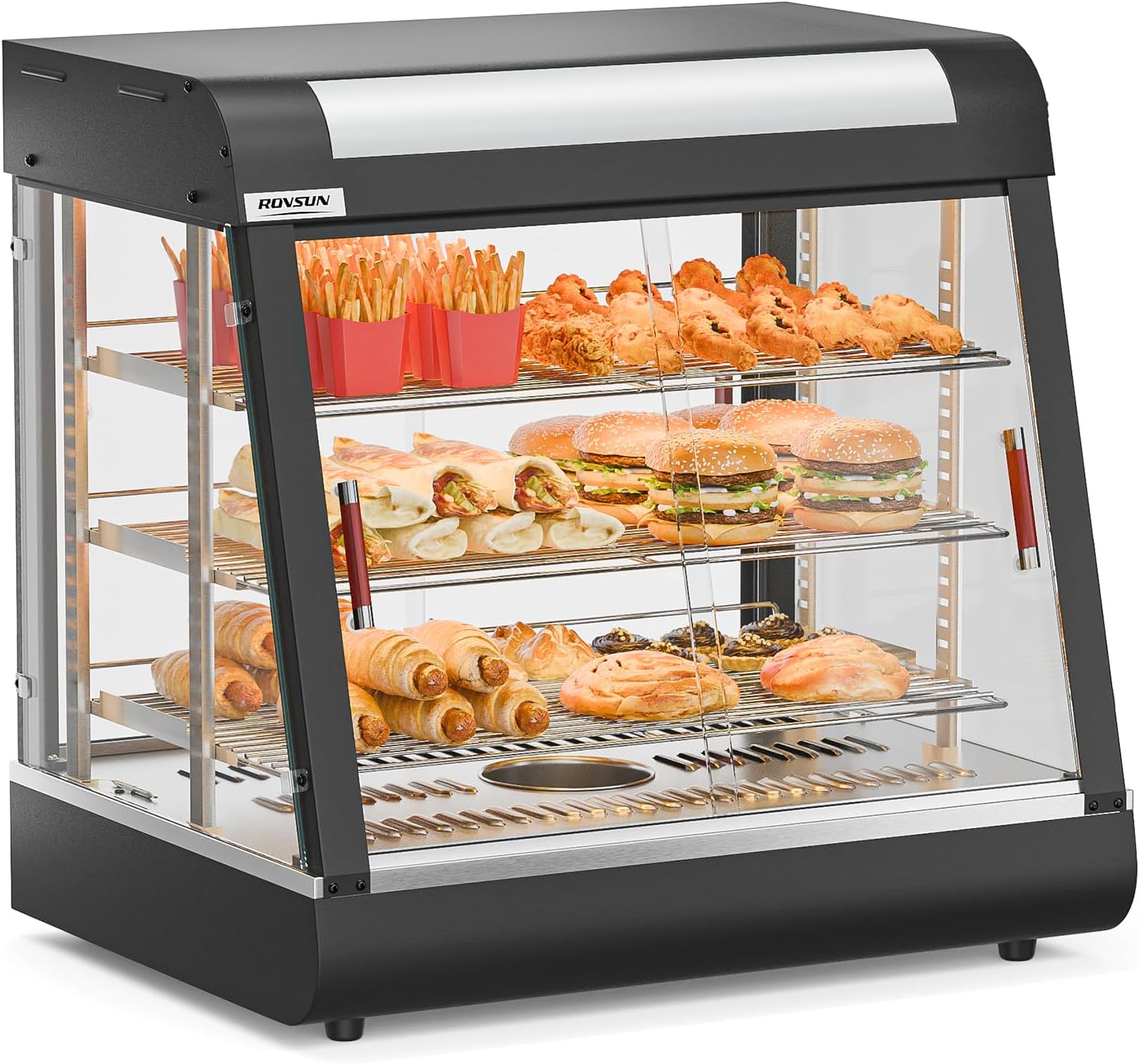 ROVSUN Pizza Warmer Food Warmer Display Countertop, Electric Commercial Food Warmer w/LED Adjustable Removable Shelves Glass Door, Pastry Display Case for Buffet Restaurant Party (26" Length-1200W)
