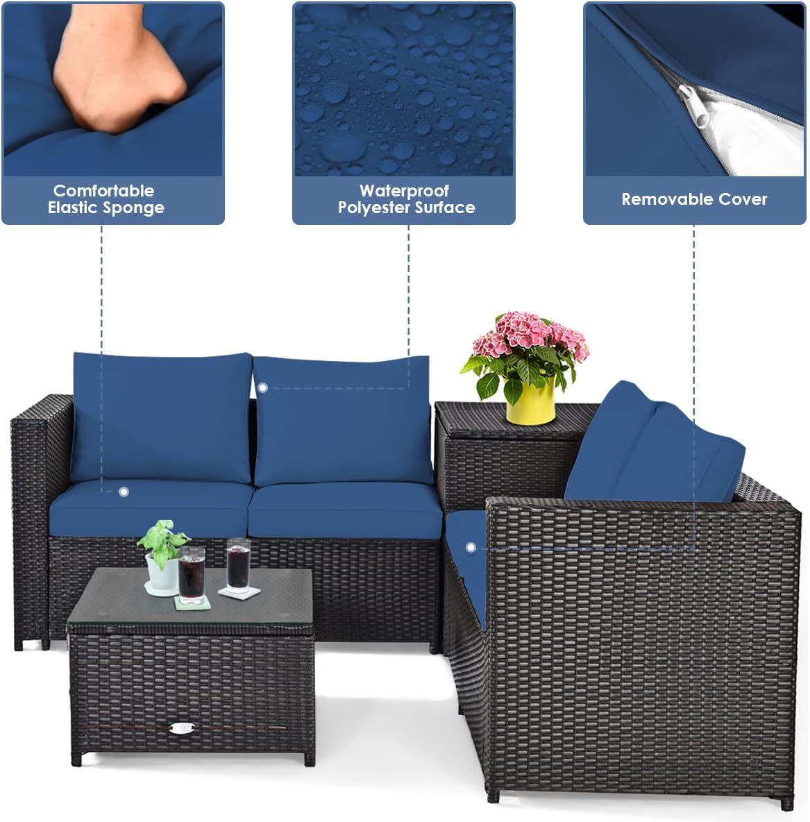 DORTALA 4-Piece Outdoor Patio Furniture Set, Weather Resistant PE Rattan Conversation Set with 2 Loveseats, Outdoor Sectional Sofa Set with Comfy Cushions for Garden and Poolside, Navy