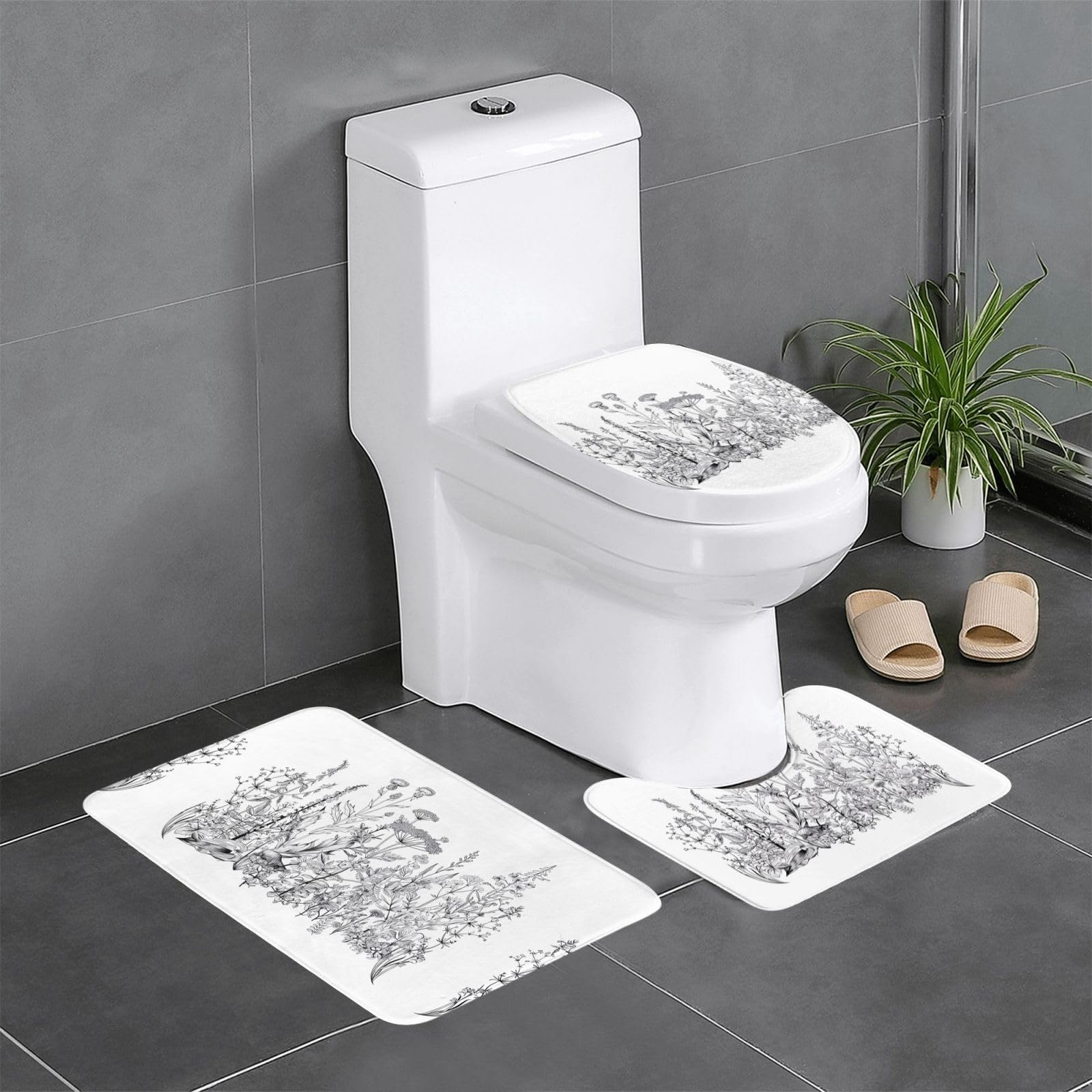 Lot de 3 tapis de salle de bain à fleurs noires et blanches pour chambre et cuisine