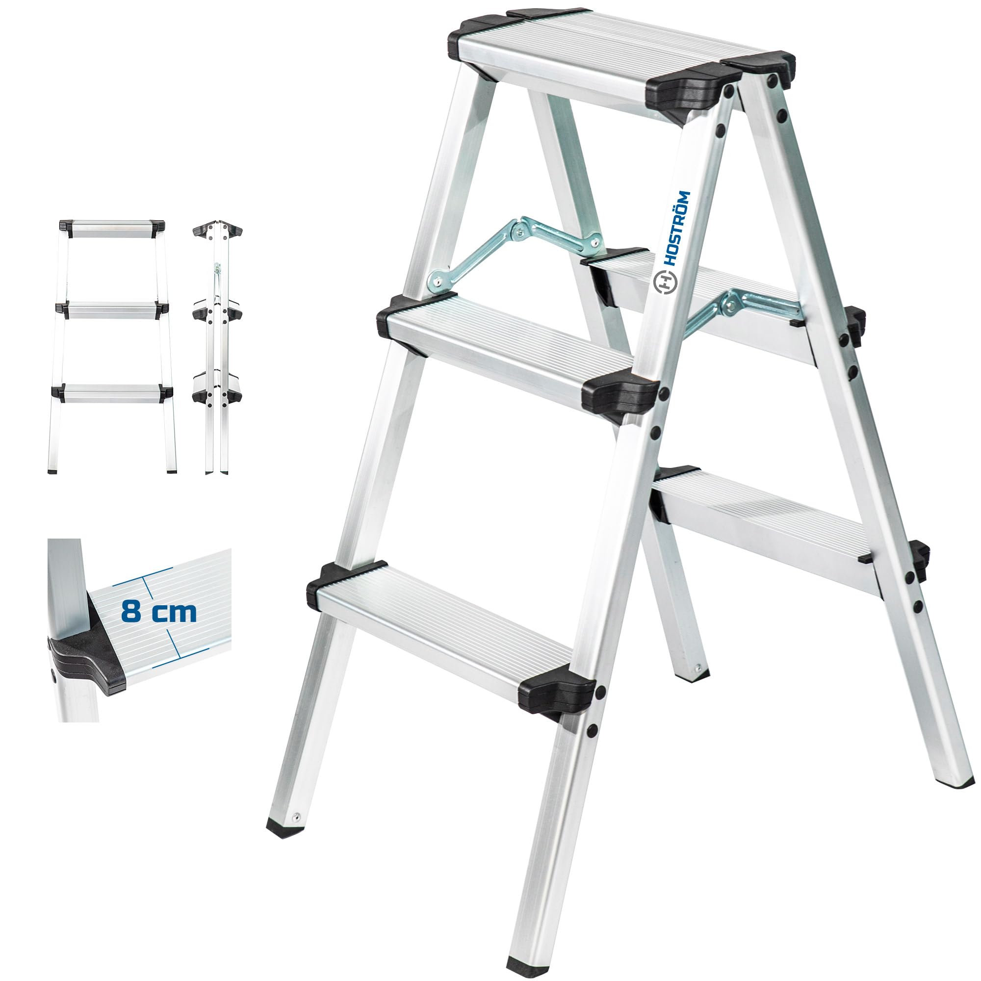 HOSTRÖM Escabeau Marche Pied 3 marches HOMILIX3, Petit escabeau Pliable, Aluminium, Design Compact et Robuste, H Max Travail 2,34m, 5 Ans Garantie