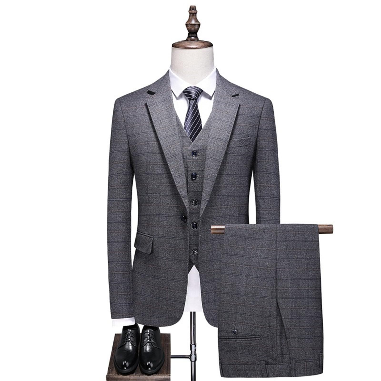 Completo da Uomo in Tweed gessato a 3 Pezzi, vestibilità Slim, con Un Bottone, Completo da Smoking
