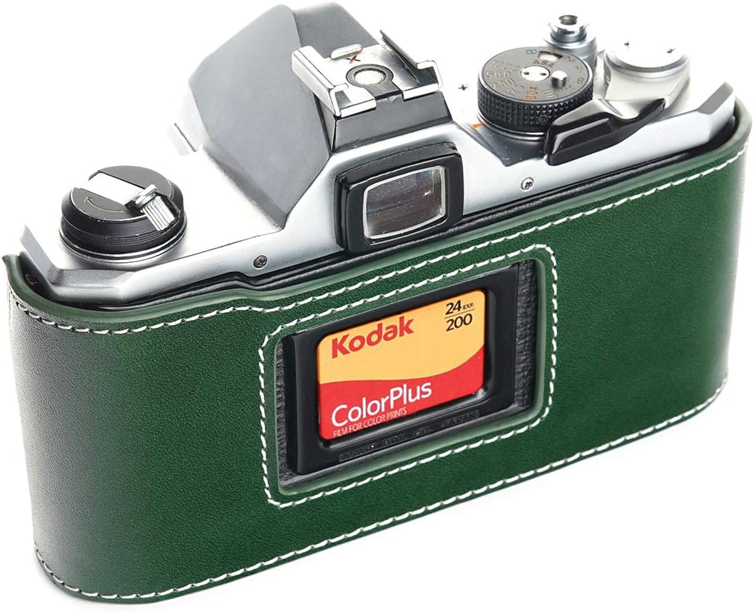 Pentax MX ME Case, BolinUS Handmade Genuine Real Leather Half Camera Case Bag Cover for Pentax MX ME Camera with Hand Strap (Green)