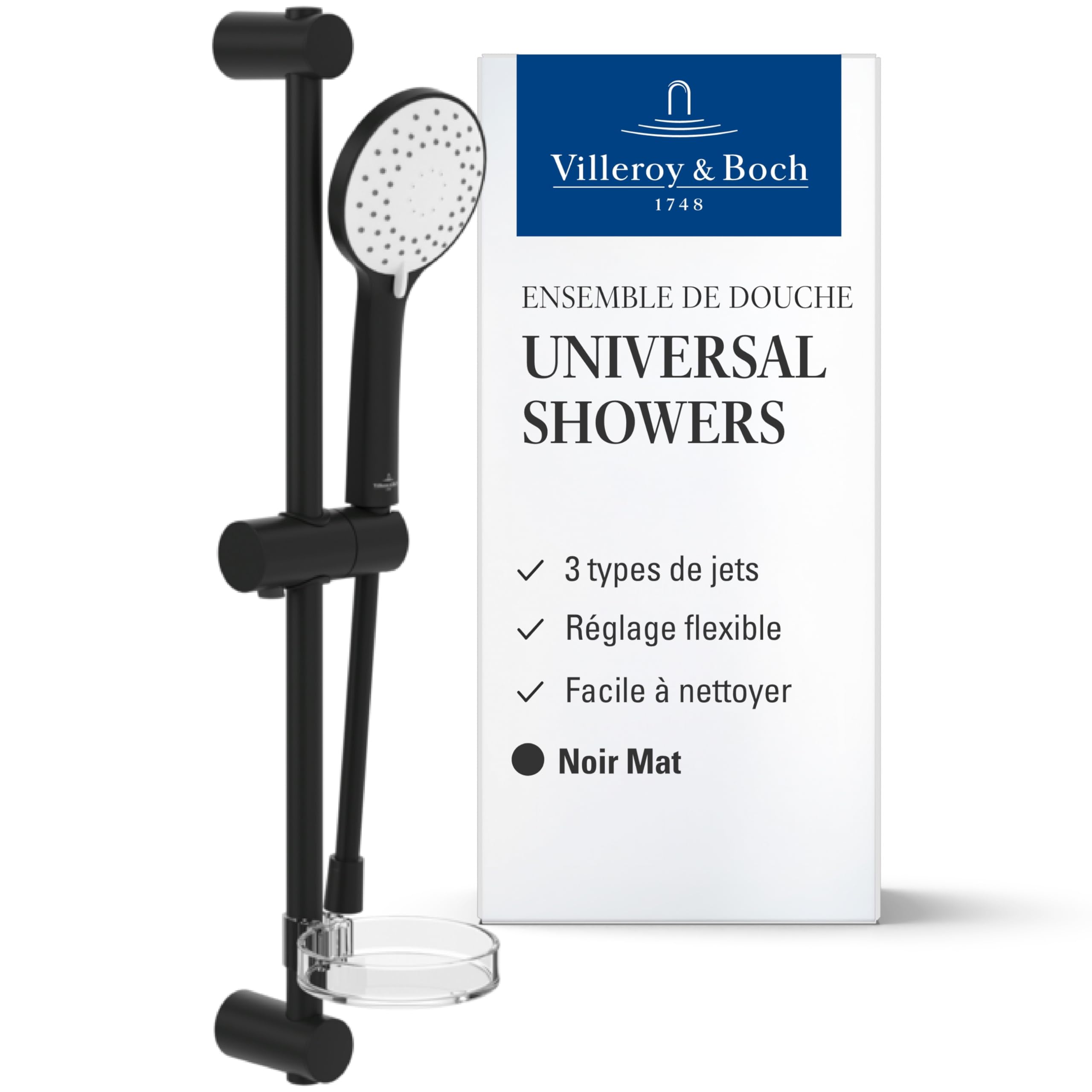 Système de douche Villeroy & Boch noir mat avec barre et douchette 3 jets