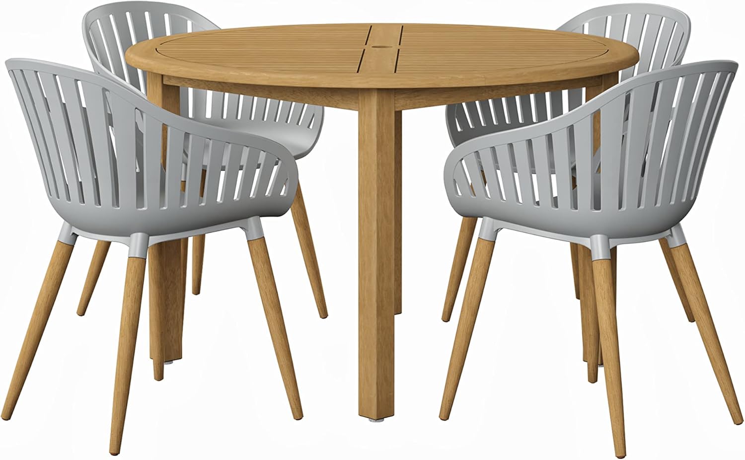 Urban Elements Nature 5-Piece Wood Patio Furniture Set | Teak Finish 100% FSC Eucalyptus | Backyard Furniture, Outside Table and Chairs, Round Outdoor Dining Set for 4, Patio Dining Set for 4 (Grey)