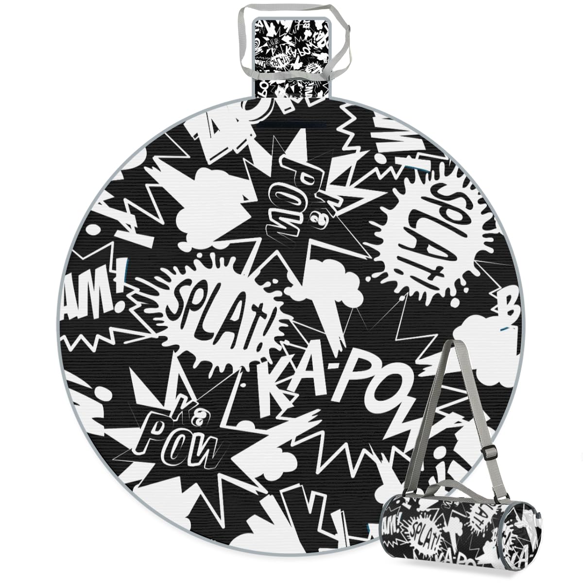 Shimoshe Comic Book Words Pattern Picnic Outdoor Blanket Foldable Waterproof Sandproof Beach Blanket Portable Water-Resistant Round Picnic Mat for Travel Camping Park Lawn