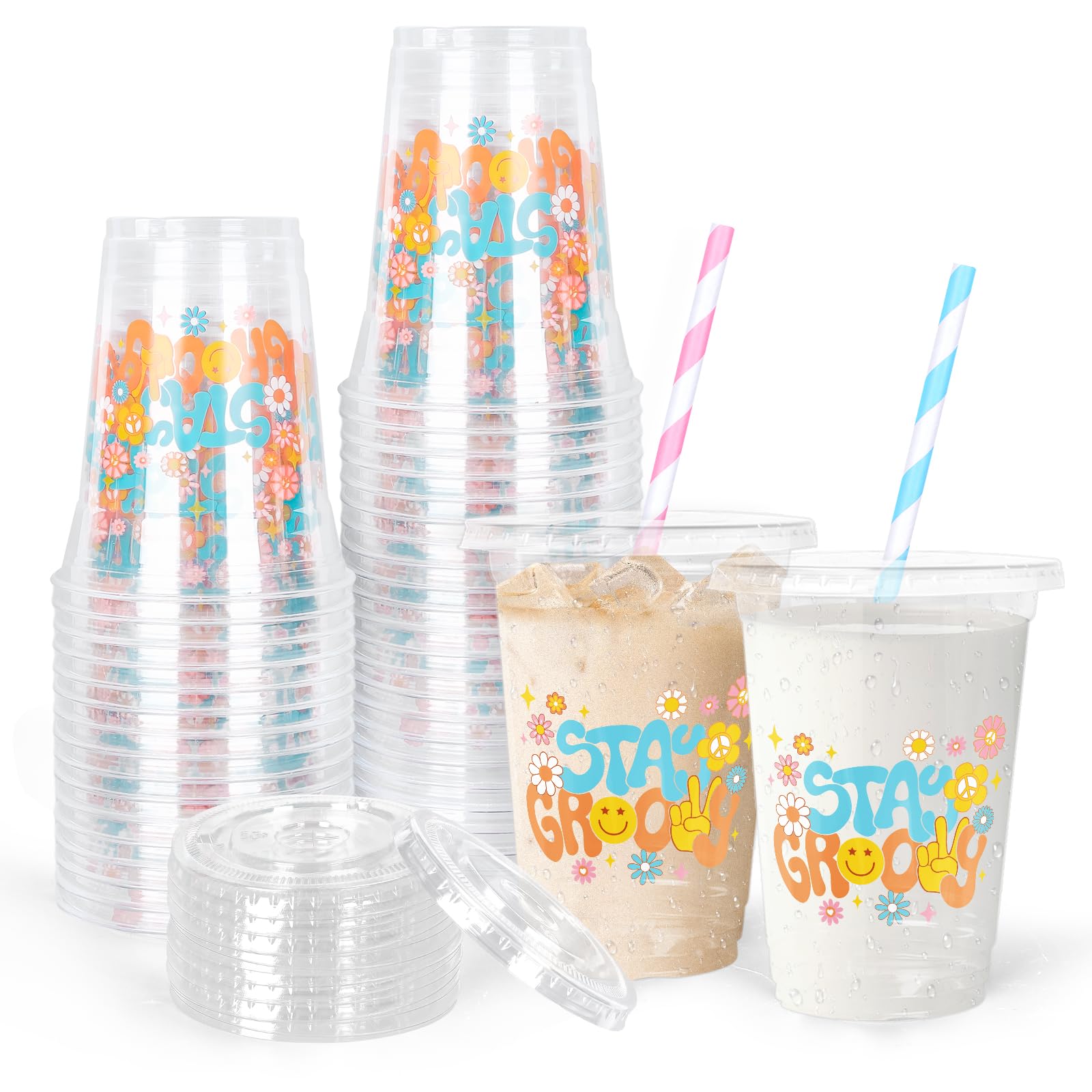 Whaline 50Pcs Boho Party Plastic Cups Stay Groovy Disposable Cups Hippie Retro Party Supply Drinkware with Flat Lids Straws for Birthday Coffee Beer Beverage Snacks Candies