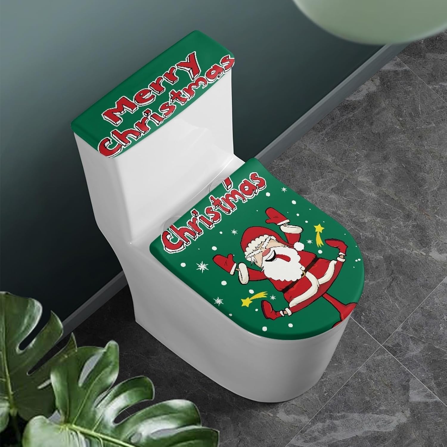 GLENLCWE 2PCS Dance Santa Claus Toilet Seat Cover with Toilet Tank Lid Cover,Christmas Polyester Toilet Tank Cover Replacement Elongated Toilet Seat Cover Set