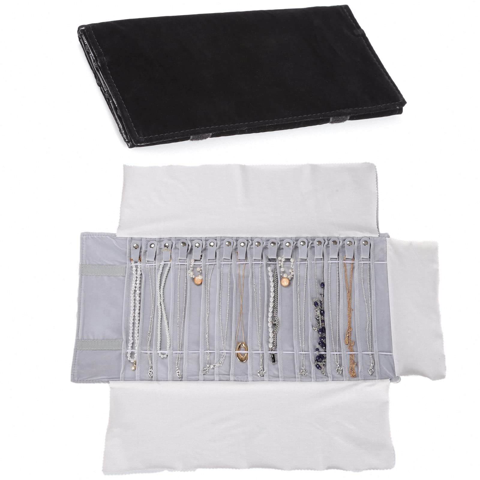 Rollo de joyería, terciopelo rollo joyero, bolsa reticular de PVC transparente antipolvo, organizador de viaje para joyas, rollo joyero con bolsillos y cremallera (gris, franela)