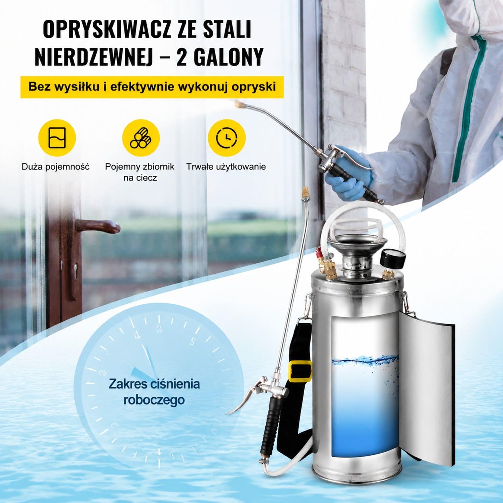 Opryskiwacz ciśnieniowy ze stali nierdzewnej 8 L z zakrzywioną lancą i dyszą wachlarzową do ogrodu oraz roślin