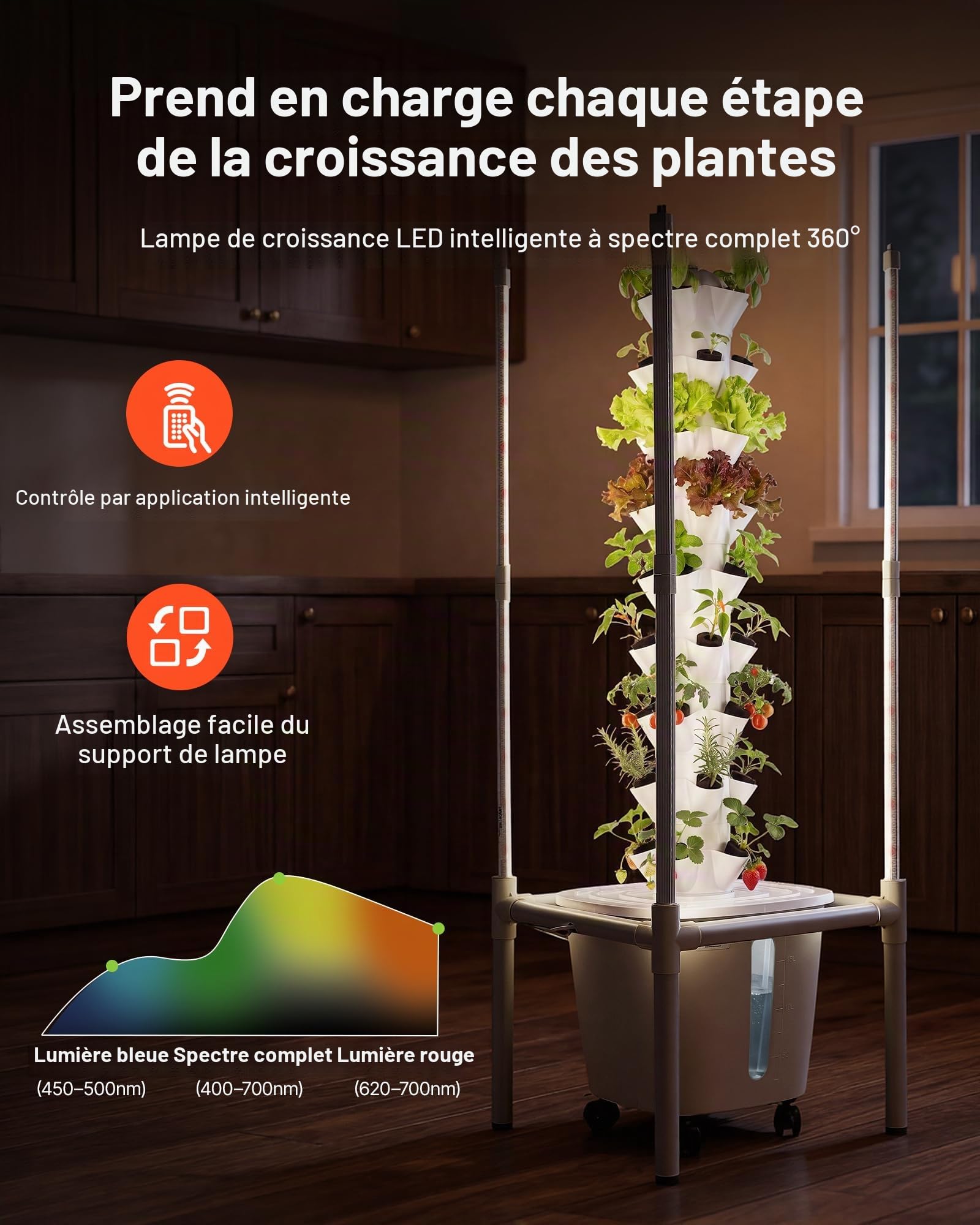 VEVOR Tour Hydroponique 9 Étages 45 Trous, Système de Culture Hydroponique pour Herbes, Légumes et Fruits, avec Lampe de Croissance LED, Contrôle par App, roulettes, Réservoir d'eau de 20 L et Pompe