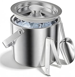 3L Eiswürfelbehälter mit Deckel Schaufel und Eiszange, Eiskübel Doppelwandiger für Abkühlen von Bier Sekt Wein Getränke Obst, Innenseite 304 Edelstahl Eisbehälter für Partys, Partys, Riegel