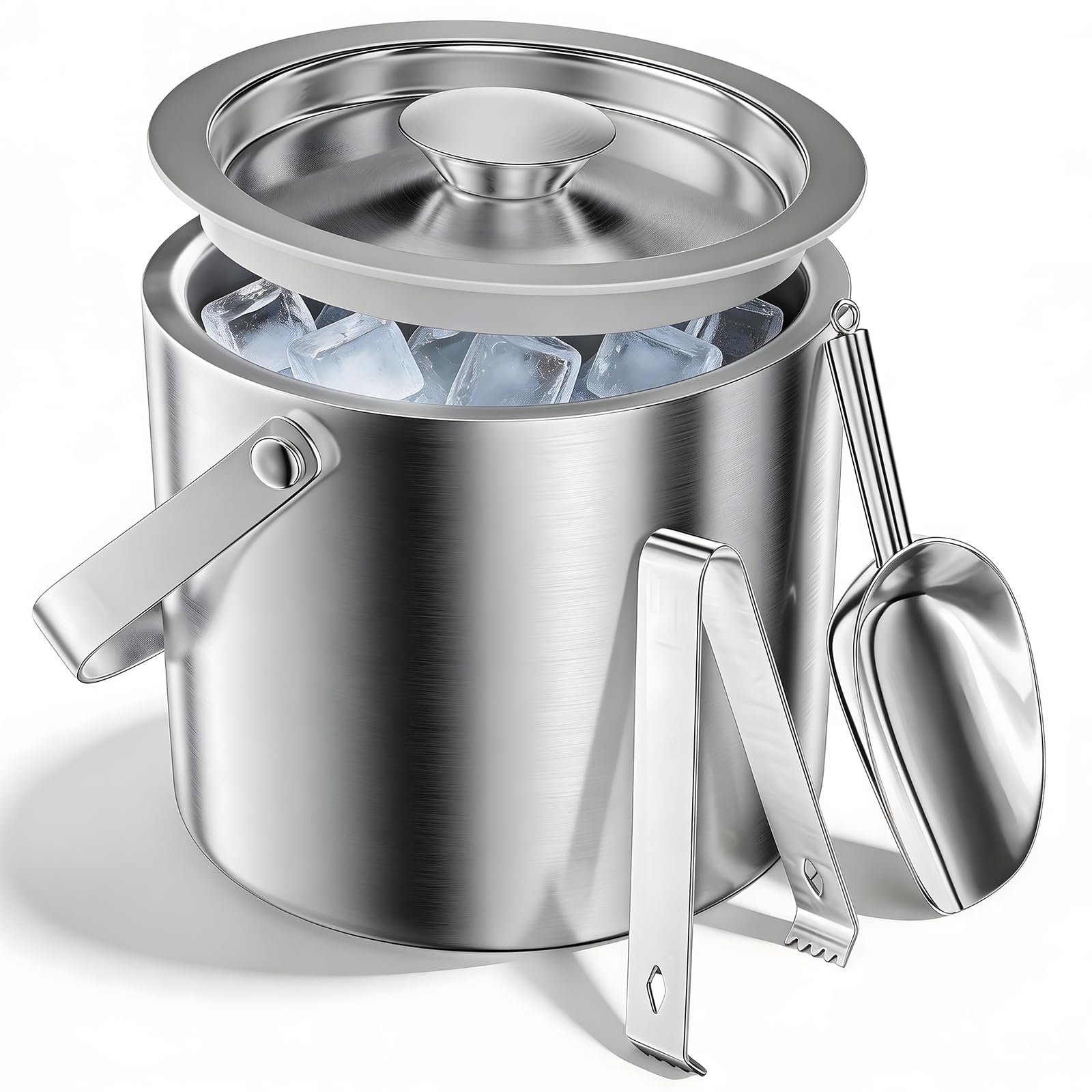 Zourglow 3L Ice Bucket with Lid and Tongs Scoop, Double Walled Insulated Ice Buckets for Beer, Wine, Champagne, Cocktail, Inner 304 Stainless Steel, for Home Bar, Pubs, Parties, BBQ, Clubs