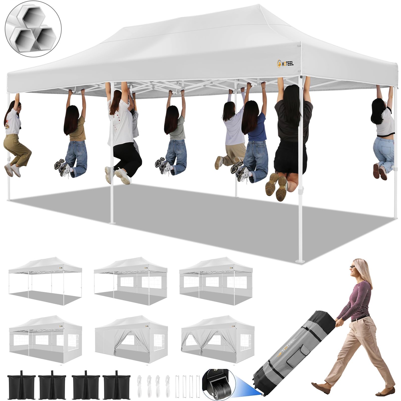 HOTEEL 10x20 Pop up Canopy Tent for Parties, Heavy Duty Easy Setup Tent with 6 Sidewalls, Outdoor Commercial Instant Gazebo for Wedding Event, with Roller Bag & Sand Bags, White(Hexagonal Frame)