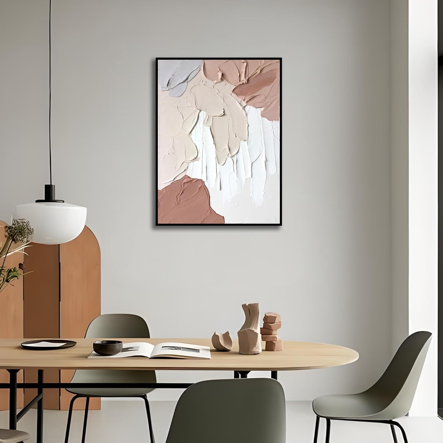 Sofoney - Black Framed Neutral Abstract Wall Art Hand Painted Beige Oil Painting with Heavy Texture, Boho Canvas Wall Decor for Living Room Bedroom Bathroom- 18"x24"