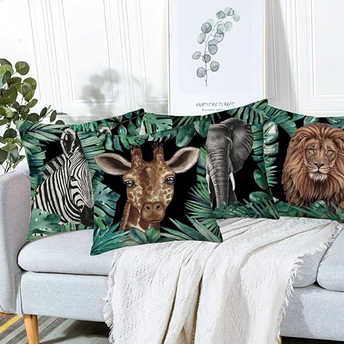 Miniatura 4 de Juego de 4 fundas de almohada de animales tropicales de verano, hojas de palma, león, cebra, elefante, jirafa, fundas de almohada cuadradas de 18 x