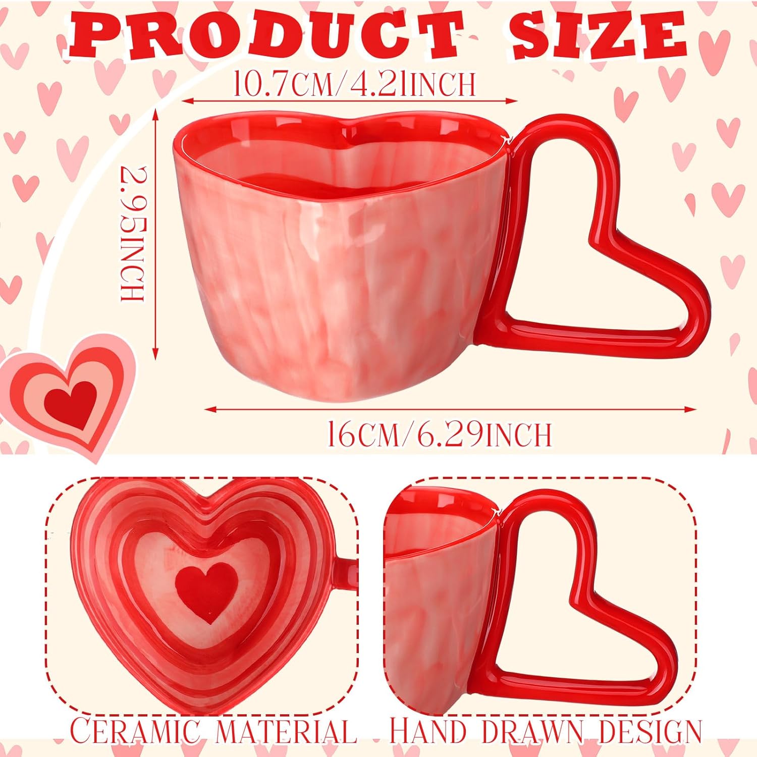 Qinyoung 10 oz Valentine's Day Gifts Heart Shaped Coffee Mug with Handle 3D Heart Ceramic Tea Cups Valentine's Day Couple Mug for Latte Milk Anniversary Wedding Engagement Couple Gifts - Image 2