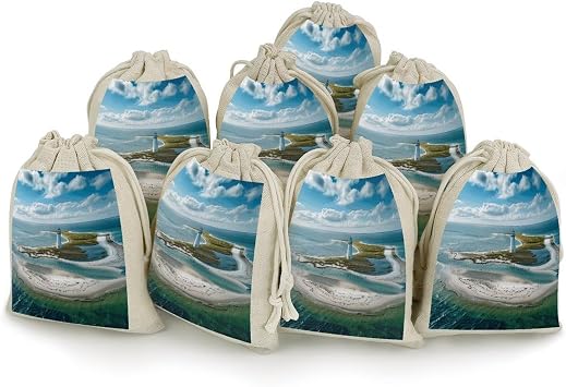 Eekstdbn 8 Pack Cotton Drawstring Bags Reusable Lighthouse on The Shore Gift Bags Jewelry Pouch Muslin Bags Small Bunches Pocket Christmas Gifts Candy Bags