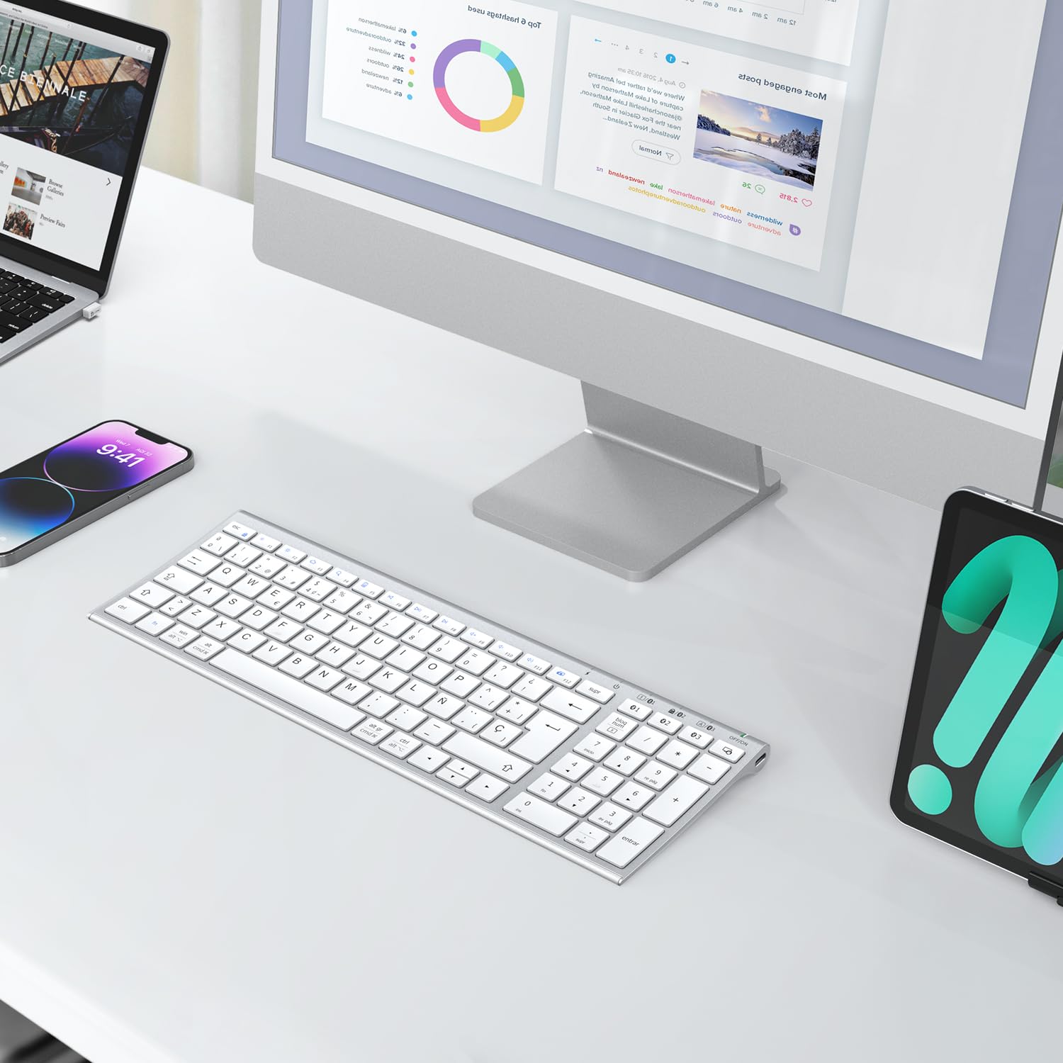 iClever BK10 Teclado Bluetooth Inalámbrico, Teclado QWERTY Español Tamaño Compacto, Diseño Ergonómico, Recargable, Compatible con Mac, iPad, iOS, Android, Windows 8/10/11, Conexión Estable