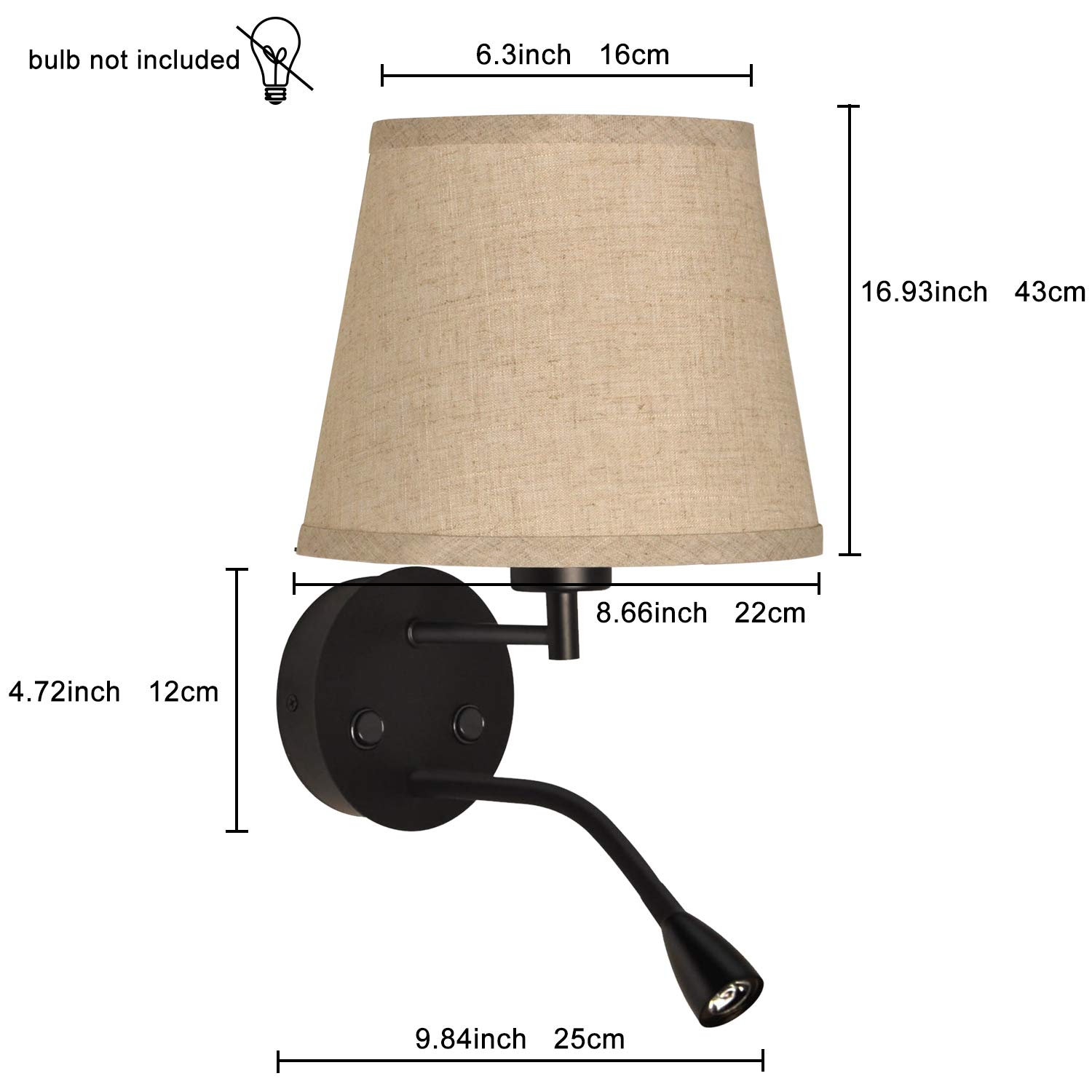 BarcelonaLED Applique murale LED E27 avec spot de lecture orientable 3 W Écran textile Interrupteur pour chambre, tête de lit, salon