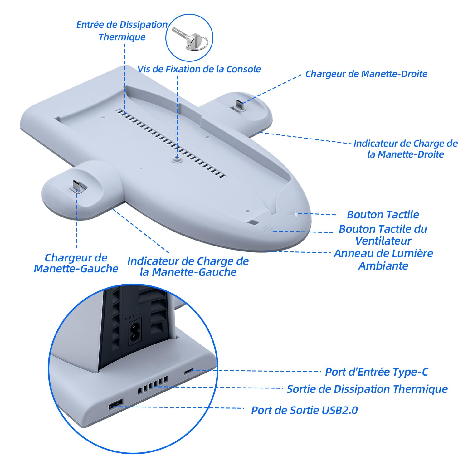Wigearss PS5 Slim Ventilateur Station de Refroidissement, Support de Charge Vertical avec Chargeur Double Manette avec Vitesse de Ventilation Réglable sur 3 Niveaux, Lumières RGB(Pas pour PS5/PS5 Pro)
