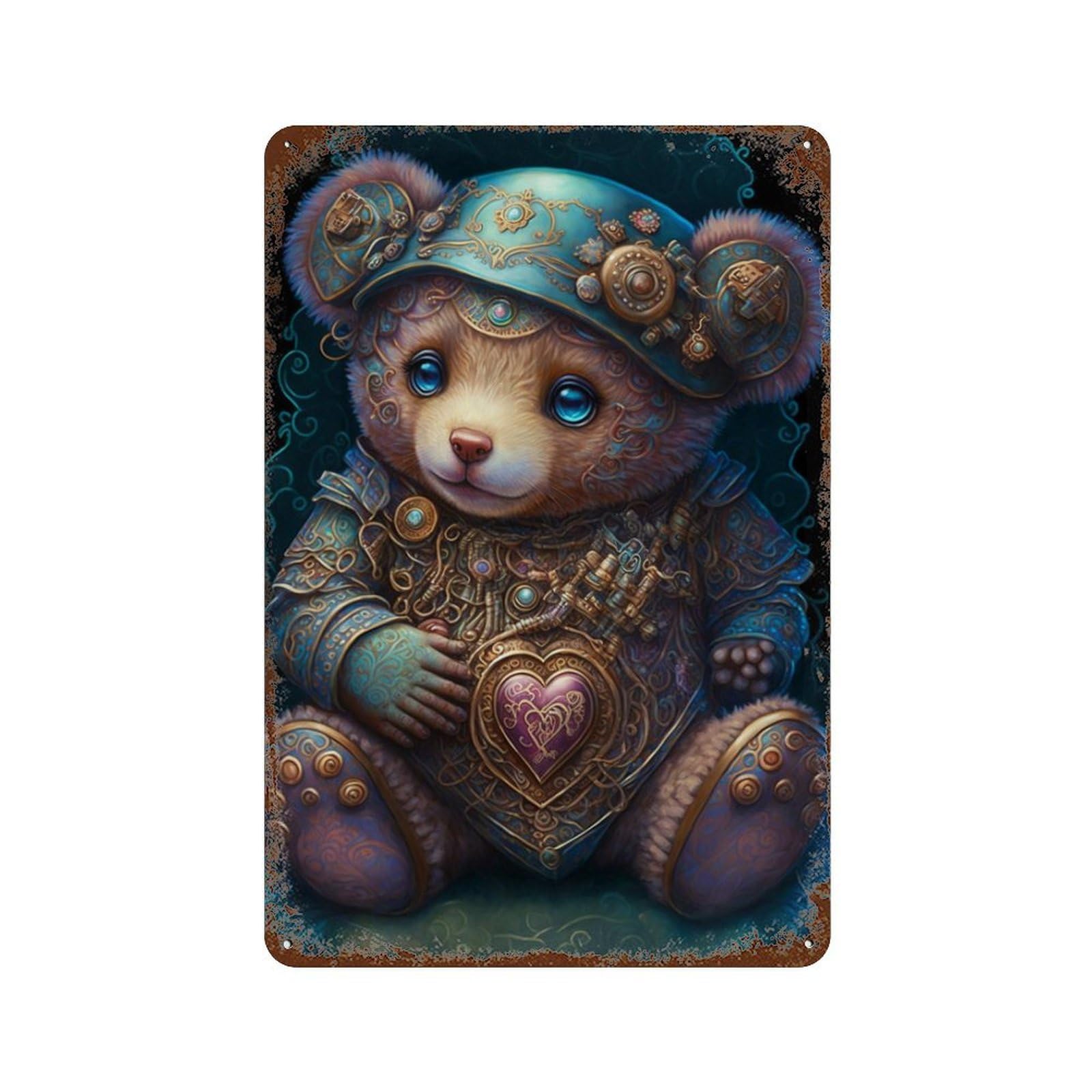 Rust Effect Steampunk Teddy Bear with Heart Rustic Tin Plaque 11.8"x7.9", Classic Wall Plaque for Shed, Workshop And Garage Wall Decor