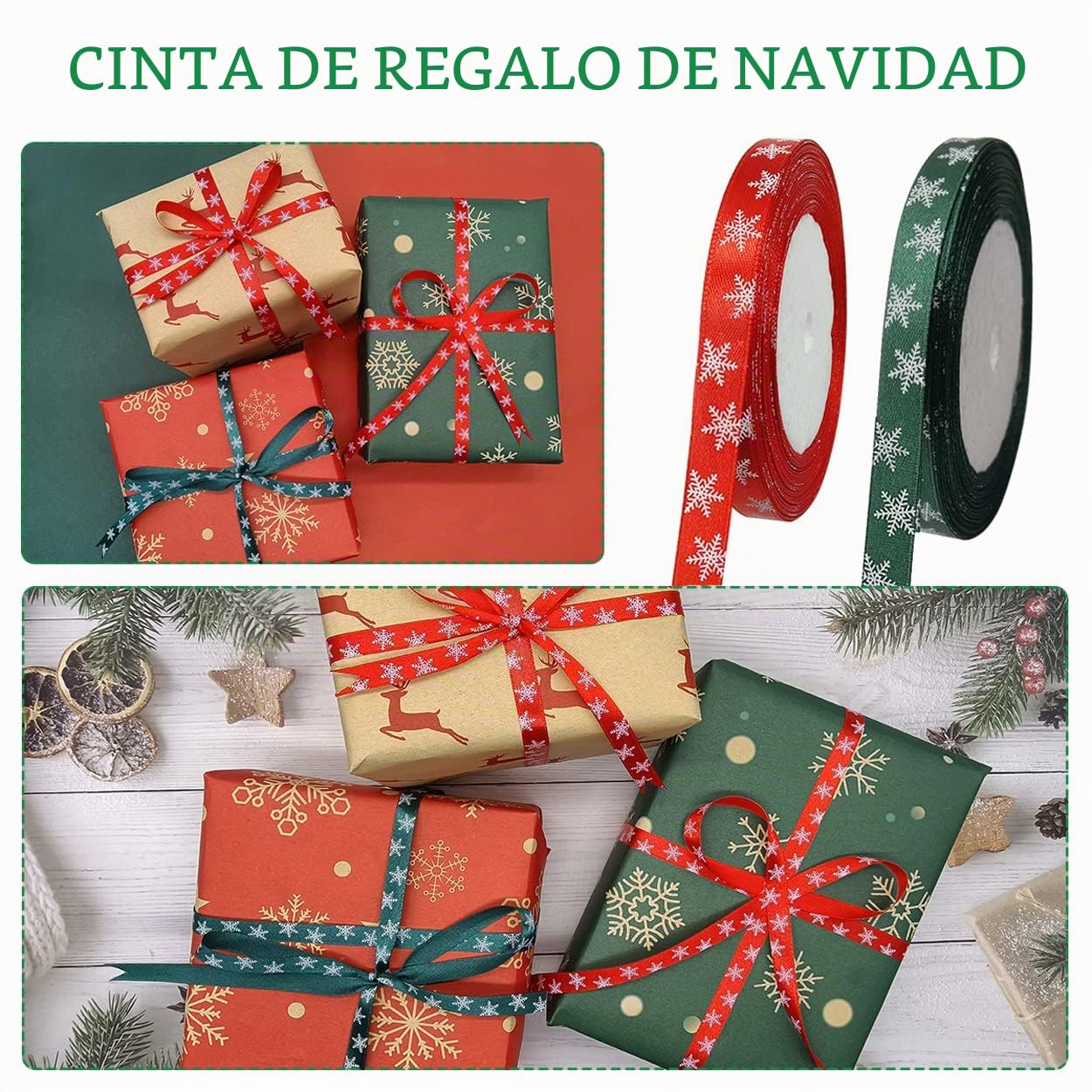 50 Yards Cintas Navideñas,Cinta Regalo Navidad,Cinta Raso Navidad,Cintas Lazos Navideñas para Regalos Decorativos,Flores o Artesanías