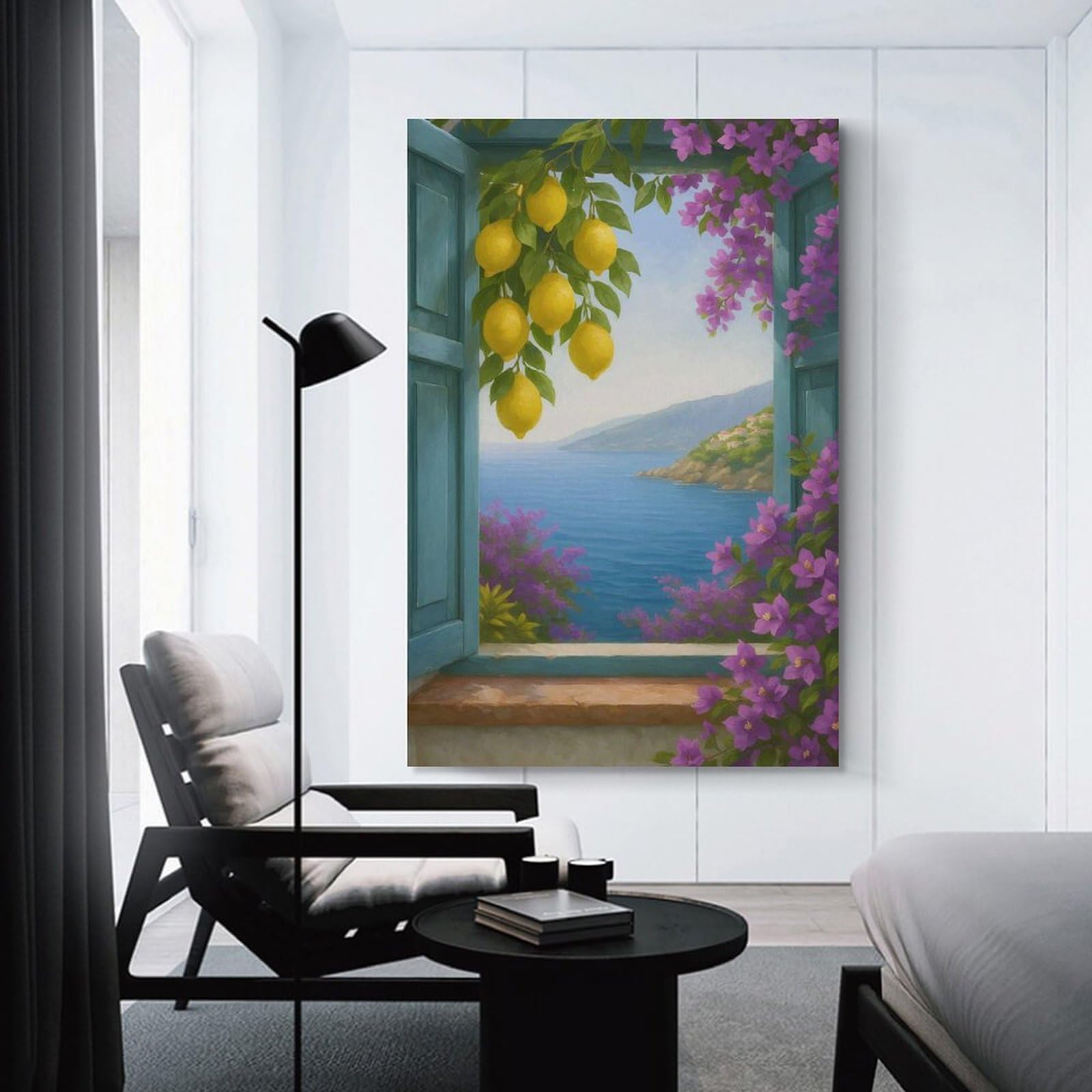 Junmoney Coastal View Through Window with Lemons Canvas Wall Picture 24x36inch(60x90cm), for Living Room, Bedroom Or Apartment Walls, Modern Wall Decor for Cosy Interiors