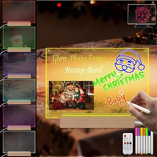 Acrylic Photo Frame LED Note Board 8.4×12 Inch Light Up Wooden Base 7 Colors Changing Clear Picture Frame with Magnetic DIY Dry Erase Board with Markers for Tabletop Desktop Display Home Decor