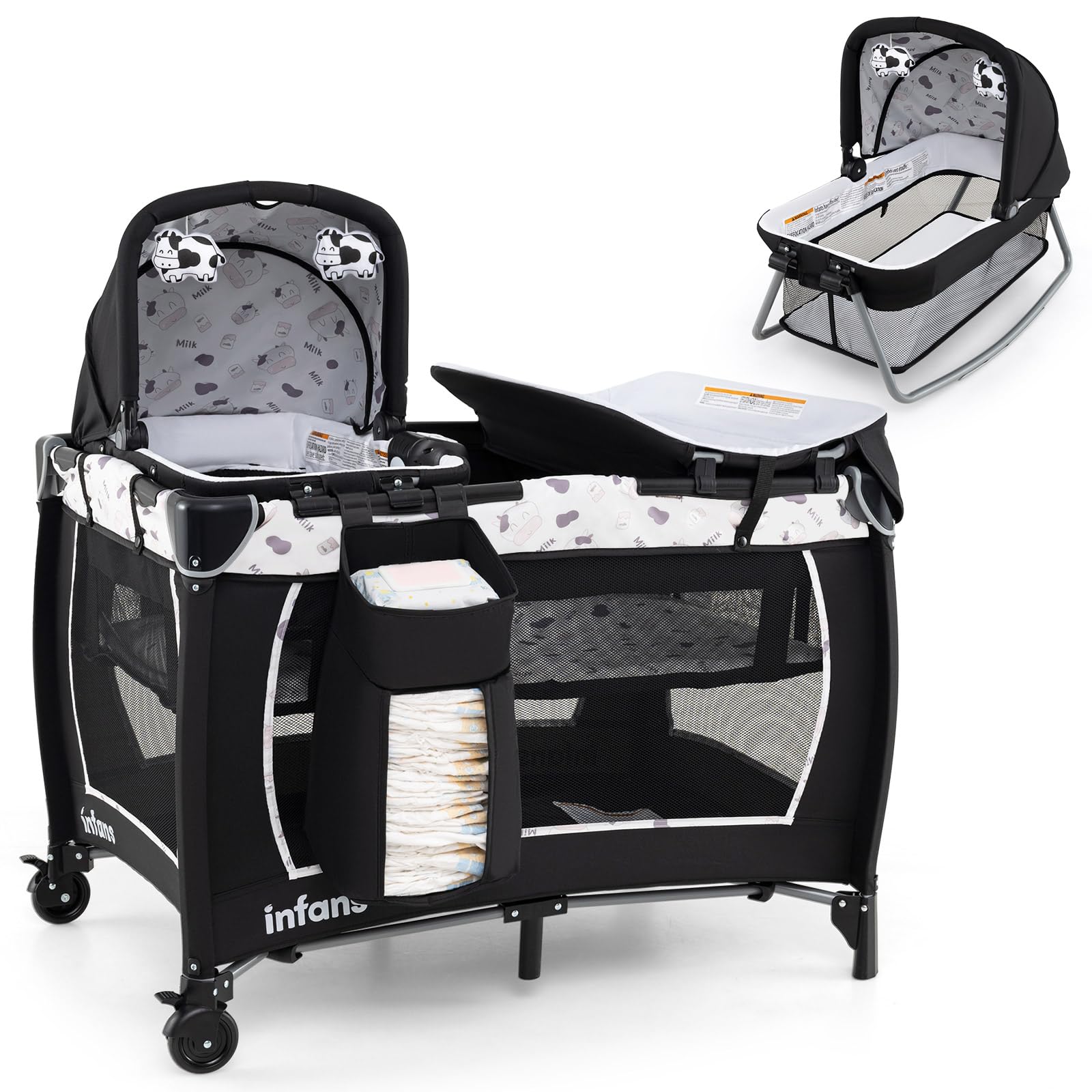 GOPLUS Cuna de Bebé Plegable 4 en 1, Cuna con Ruedas, Colchón, Bolsa de Transporte, Juguetes Colgantes, Cama Infantil de 2 Niveles con Moisés, Cambiador, para Viajes Vacaciones, Carga 15 kg (Beige)