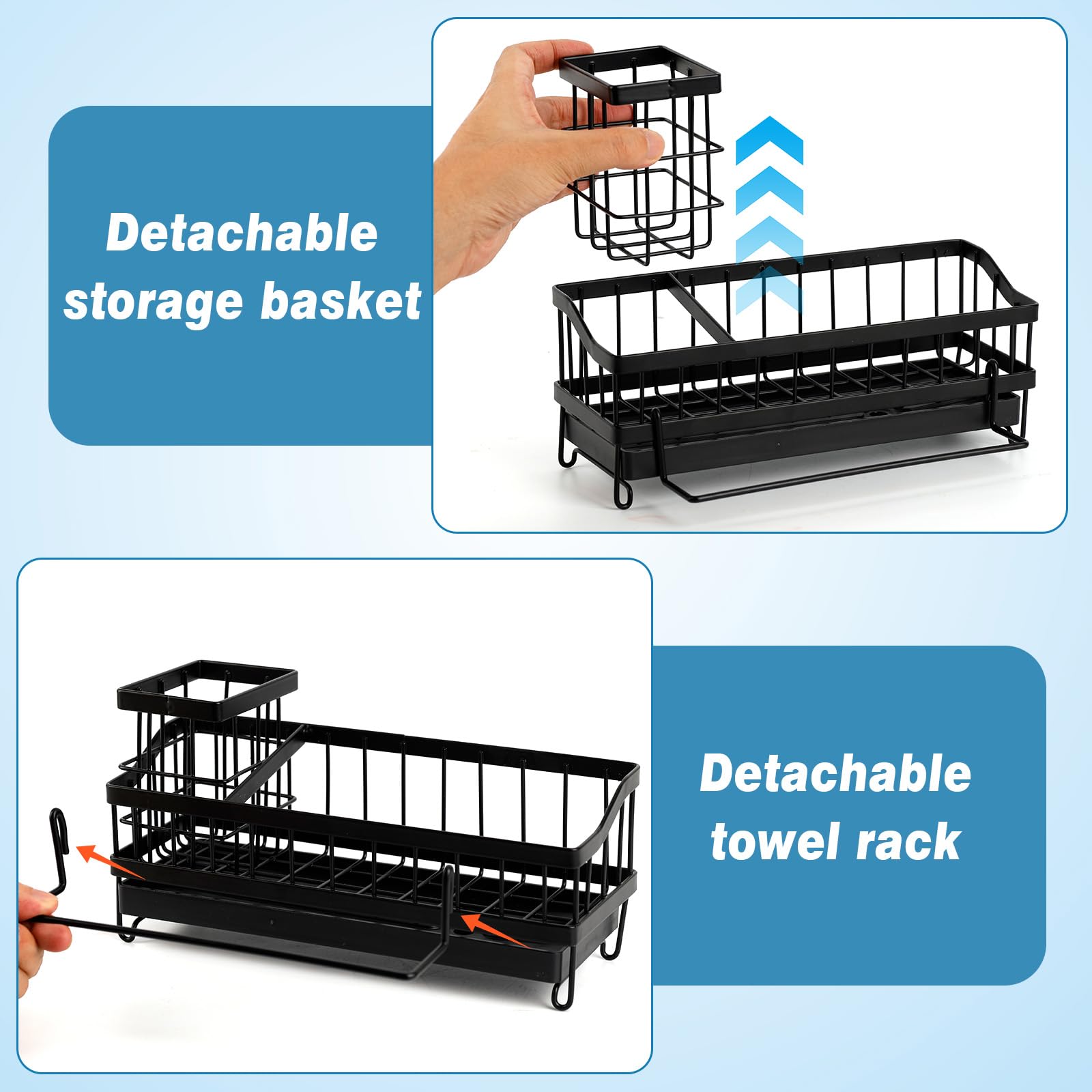 UMILKI Spülbecken Organizer Küche Schwammhalter,Spülbecken Organizer Hängend mit Spültuchhalter und Klebstoff,Küchen Spüle Organizer für Küche und Badezimmer- Ohne Bohren(Schwarz)