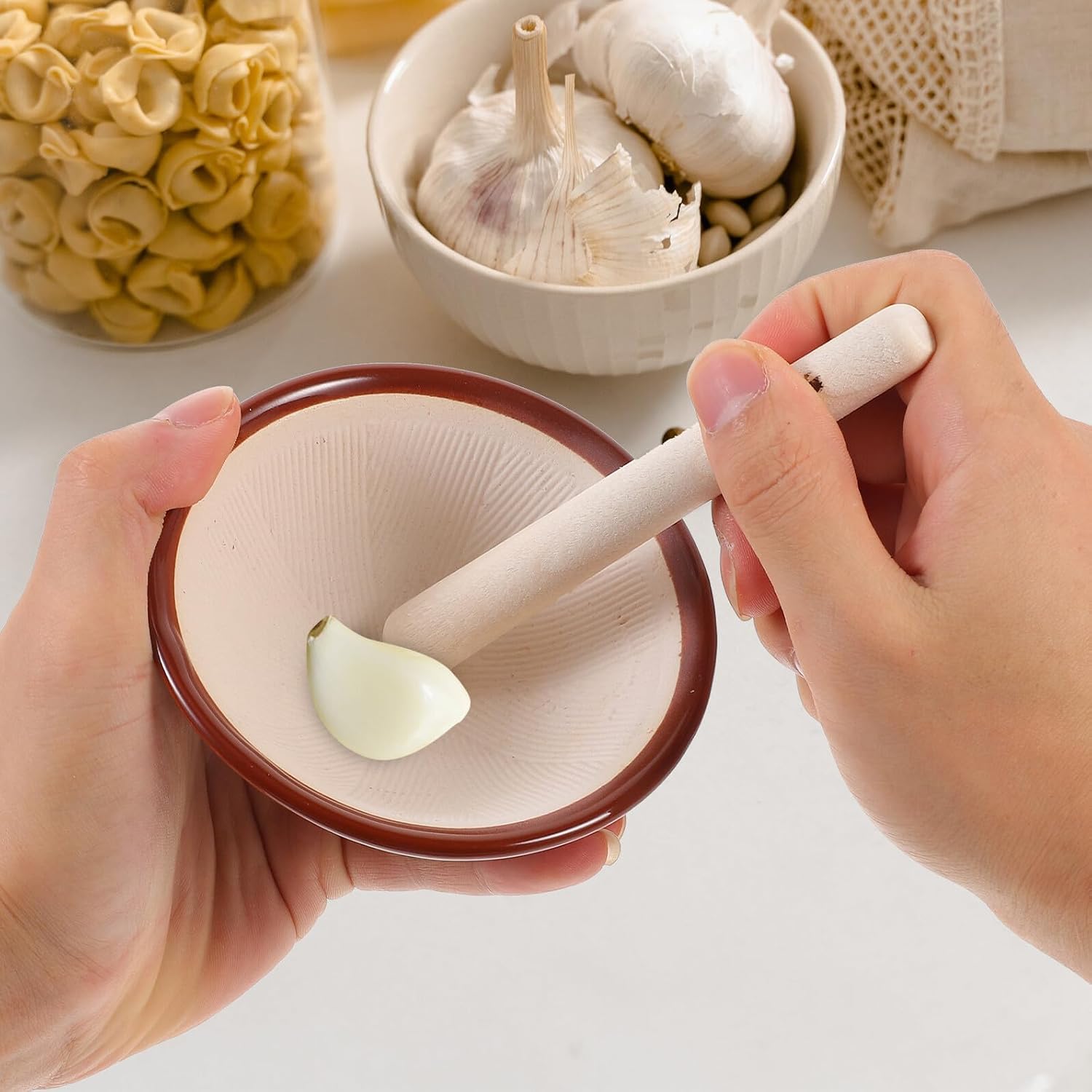 Ceramic Grinding Bowl with Wooden Pestle Small Kitchen Mortar for Garlic Spices and Condiments Easy to Clean and Comfortable Grip for Food Preparation