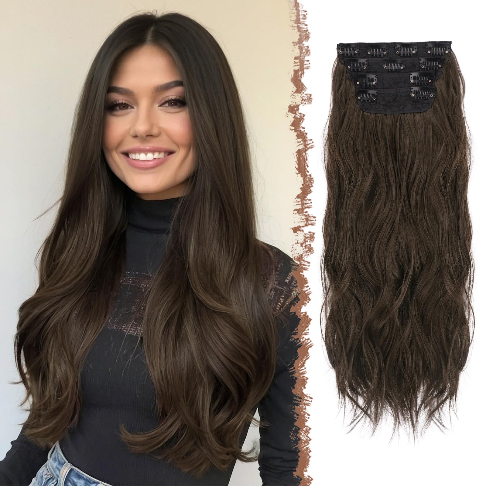 FESHFEN Clip in Hair Extensions for Women, 4 Pcs Thick Double Weft Long Wavy Soft Synthetic Blends Well Hair Extension