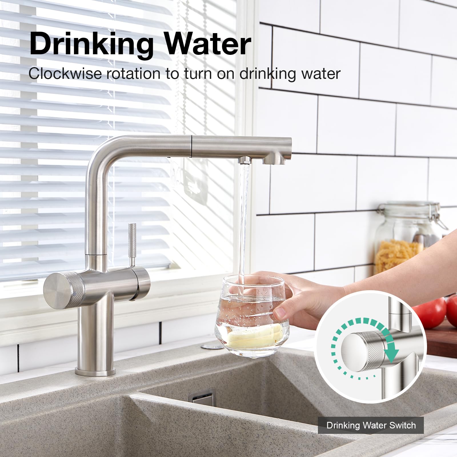 Faustina Robinet de cuisine à 3 voies, Robinet d'évier de cuisine avec pulvérisateur extractible à double poignée, Robinet de cuisine à levier à ressort, Filtre à eau 3 en 1, Robinet rotatif à 360° en