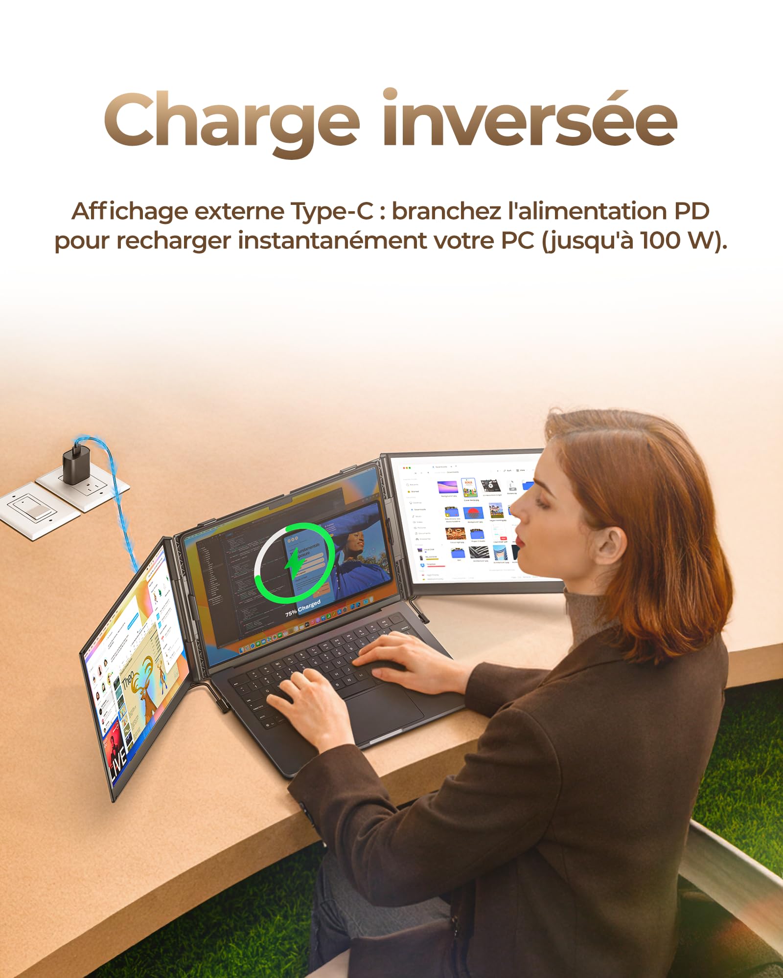 NGTeco Triple Ecran pc Portable 14", Double Ecran pc Portable, Plug & Play pour Ordinateurs Portables de 13,3 à 17,3 Pouces, Écran IPS FHD 1080p Ultra-Fin 1 kg 2,2 LB, Charge inversée de 100 W