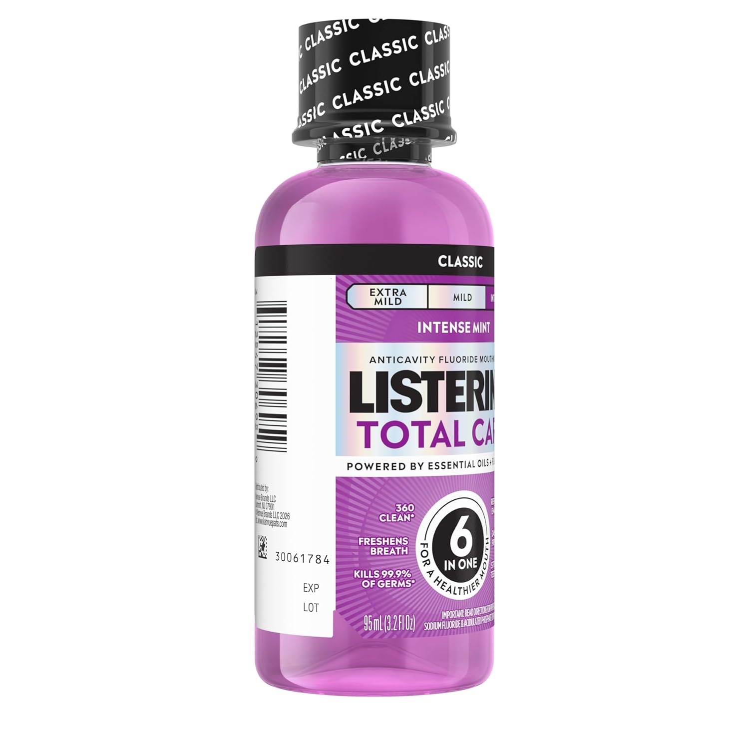 Listerine Total Care Intense Anticavity Fluoride Mouthwash, 6 Benefits in 1 Oral Rinse Helps Kill 99% of Bad Breath Germs, Prevents Cavities, Provides 360 Clean*, ADA-Accepted, Intense Mint, 95 mL