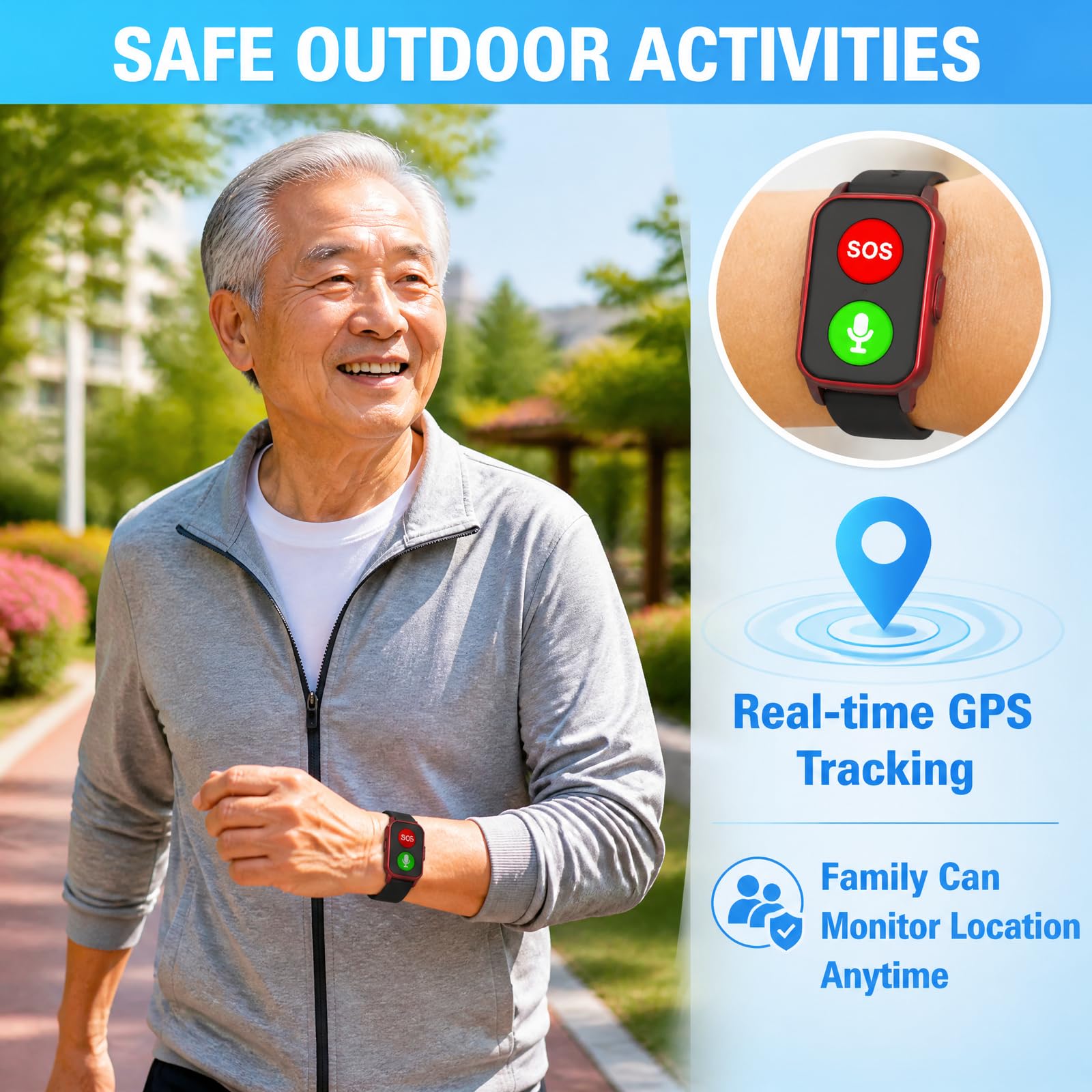 Pulsera GPS Ancianos SOS Deteccion Caidas Localizacion Tiempo Real Monitor Salud 600mAh IP67 Impermeable Smart Band Demencia Alzheimer Pacientes Negro Rojo Caja Set Regalo Black