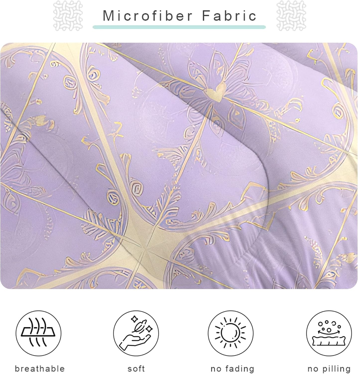 Purple Gold Grid Comforter Set Queen Size Geometric Lavender Bedding Sets Luxury Lilac Lattice Bed Set for Girls Women Adults Bedroom All Season, 1 Comforter 2 Pillowcases