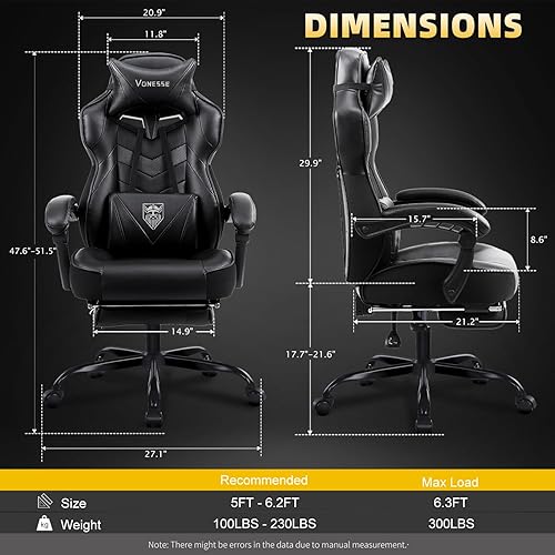 Miniatura 3 de Vonesse Silla para videojuegos, silla de computadora con reposapiés y masaje, silla de jugador de respaldo alto grande y alta, sillas reclinables