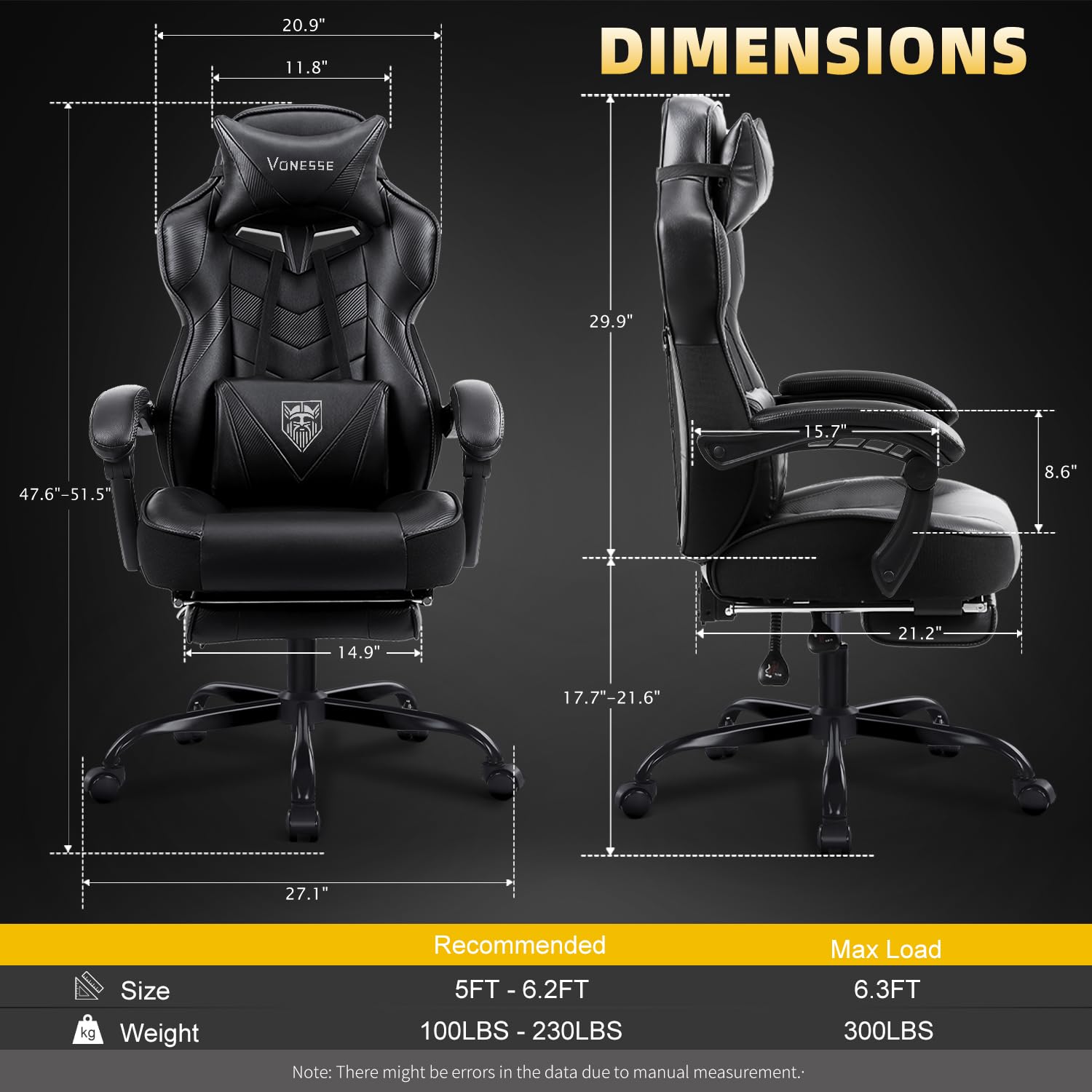 Vonesse Gaming Chair, High Back Gaming Chair with Footrest and Massage, Gaming Chairs for Adults with Pocket Spring Cushion, Big and Tall Reclining Computer Chair with Lumbar Support (): Classic Black