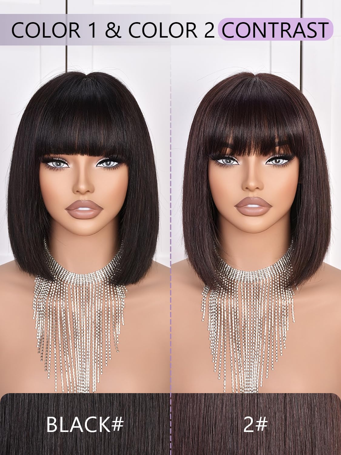 CoCrowns Bob Wig Human Hair 210% Density Bob Wig with Bangs 100% Human Hair Wigs for Black Women Pre-Bleached Glueless Straight Bob Wigs (2#) - Image 2