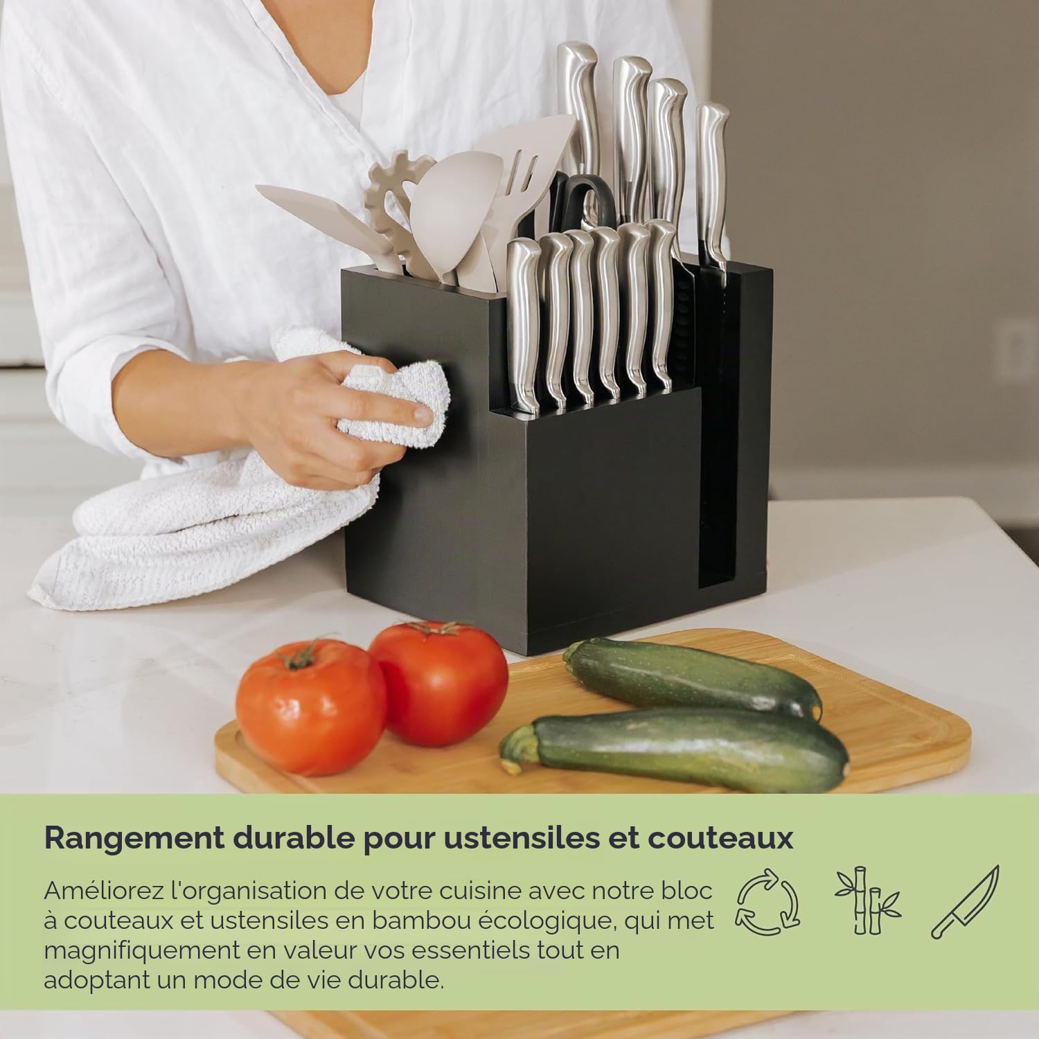 KitchenEdge Bloc de couteaux magnétique en bambou et porte-ustensiles de cuisine, rangement élégant pour couteaux de chef, couteaux à steak, spatules, ciseaux, pieds en caoutchouc antidérapants, noir