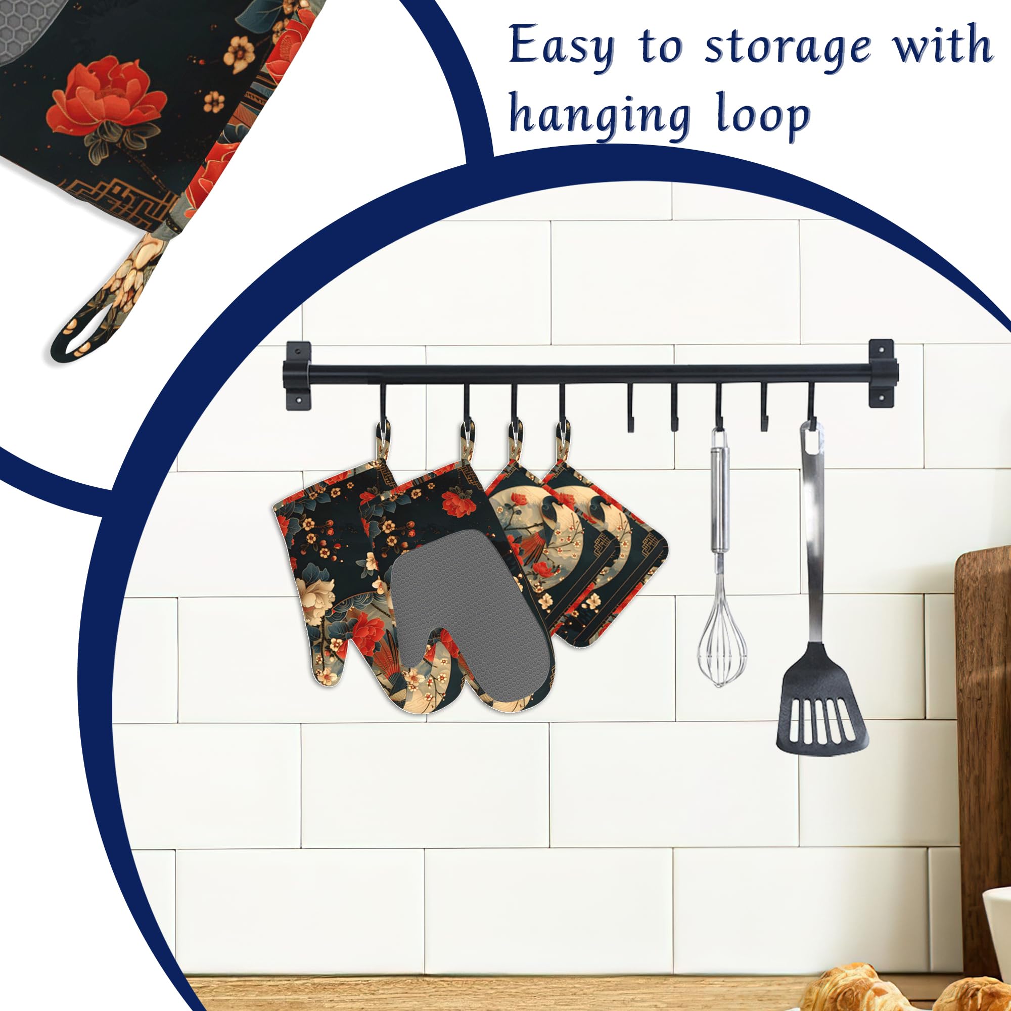 Lot de 4 maniques et maniques en silicone motif grue japonaise rétro - Accessoires de cuisine - Résistants à la chaleur - Antidérapants - Pour chef cuisinier - Cadeaux pour homme et femme