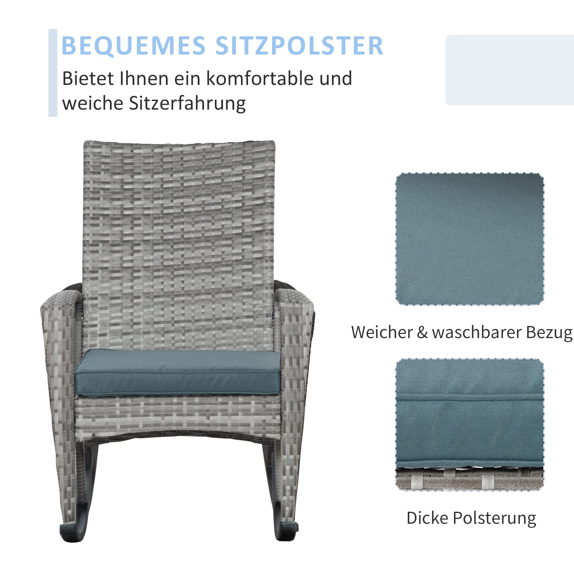 Outsunny Schaukelstuhl Schwingsessel Gartenstuhl mit Kissen, Polyrattan+Metall, Grau, 66 x 88 x 98 cm