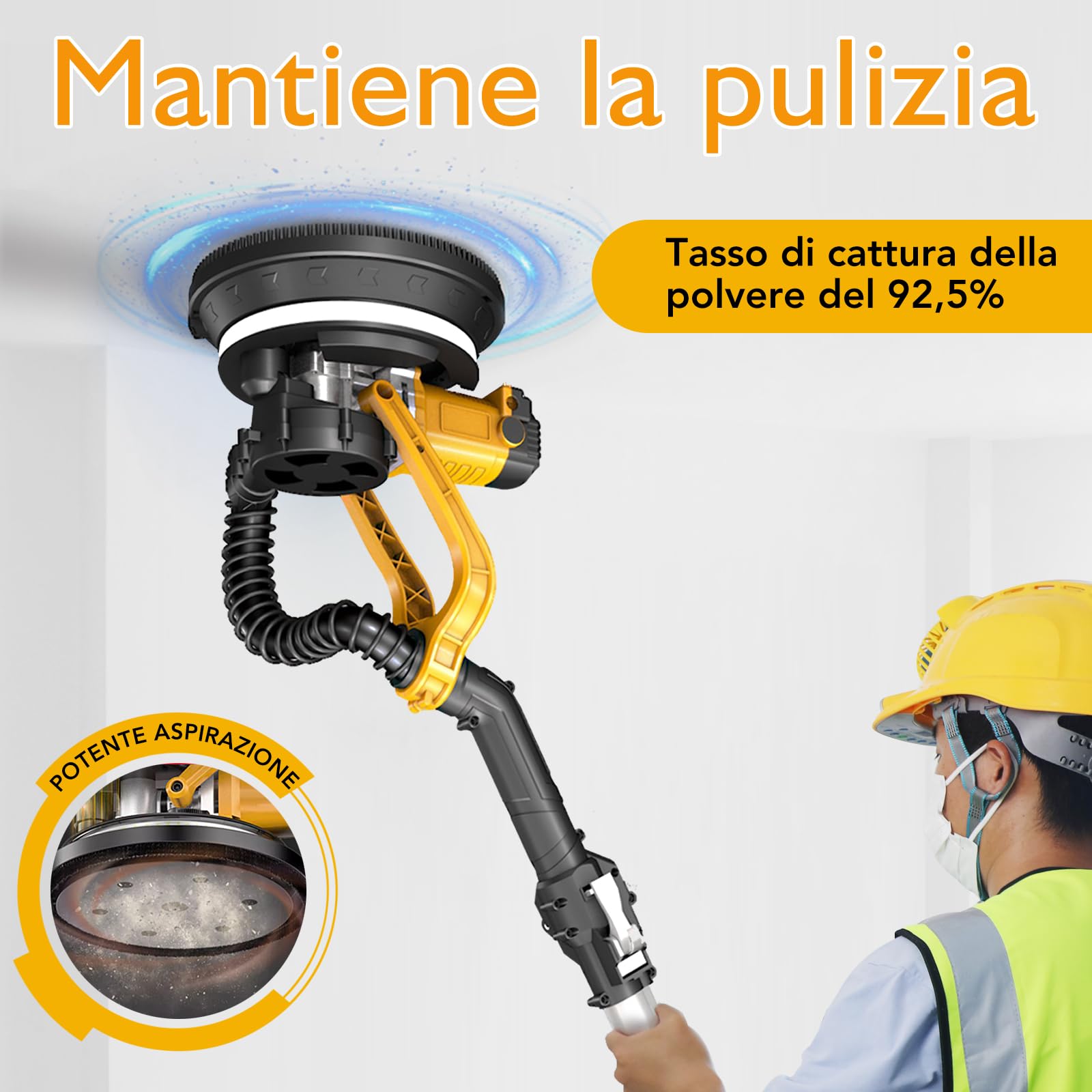 Levigatrice per Muro con Aspiratore 880W, Giraffa Levigatrice Professionale, Impugnatura Telescopica fino a 180cm, 5 Velocità Regolabile 1000-2100 RPM, Luce LED, per Cartongesso e Intonaco