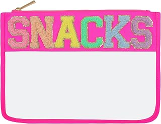 Chenille Letter Snacks Pouch Clear Makeup Pouch Bag Travel Snacks Zipper Pouch Bag for Women (HotPink-Snacks)