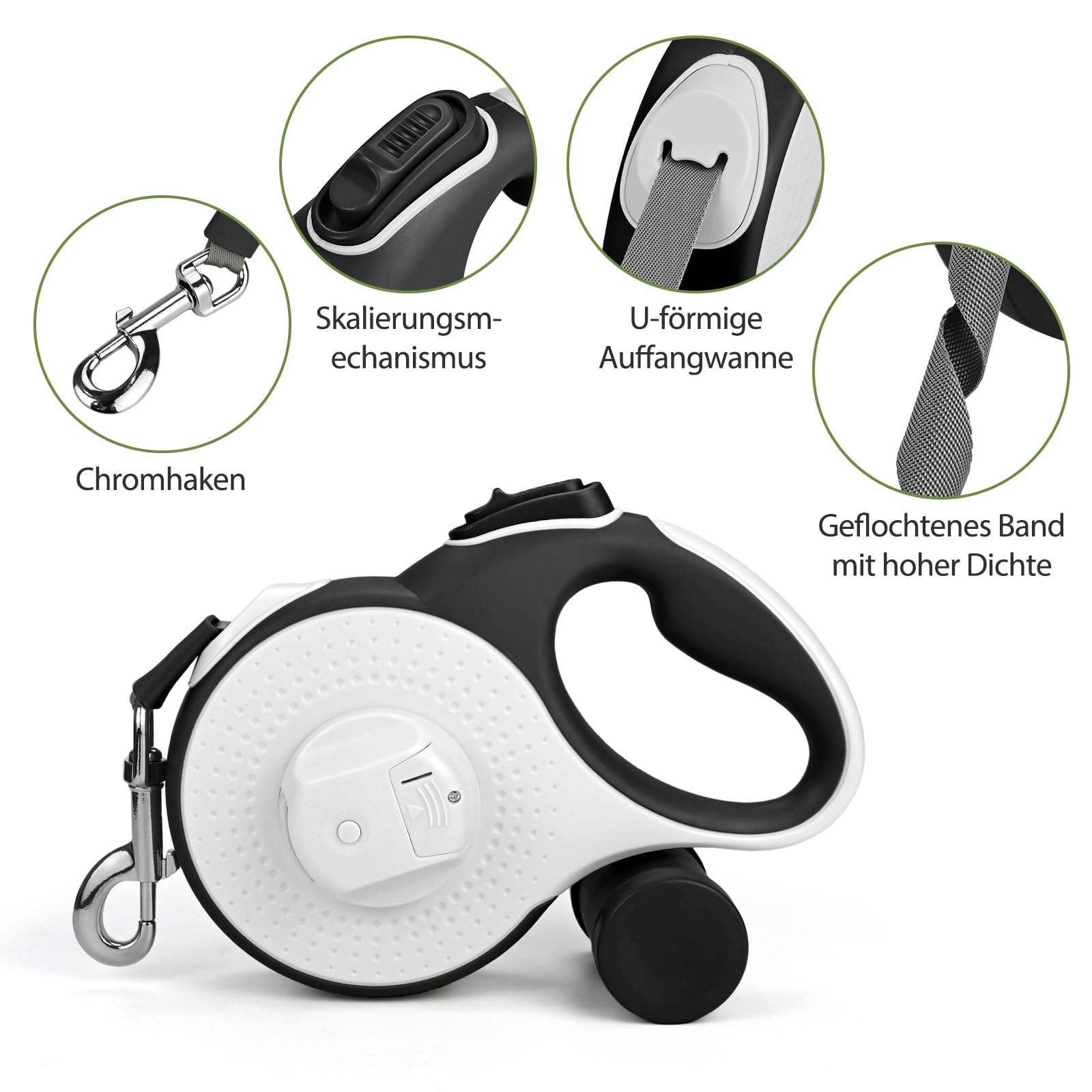 Guinzaglio per cani da 8 m, con luce LED e supporto per borsa, guinzaglio senza nodi, pulsante del freno rapido e impugnatura antiscivolo, per cani fino a 50 kg, shopping, allenamento, viaggi