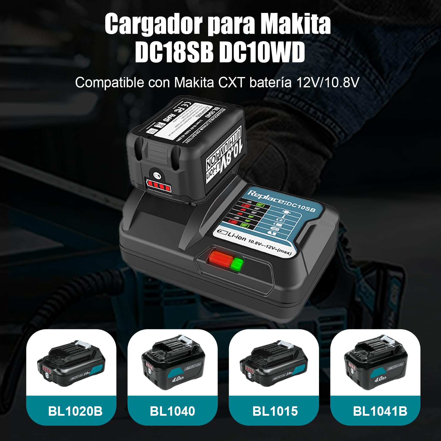 Batería de 12 V y 4,0 Ah con Cargador para Makita Herramienta de 12 V | Cargador de repuesto para los modelos BL1016, BL1021B, BL1040B y BL1020B (DC10SB y DC10WD)