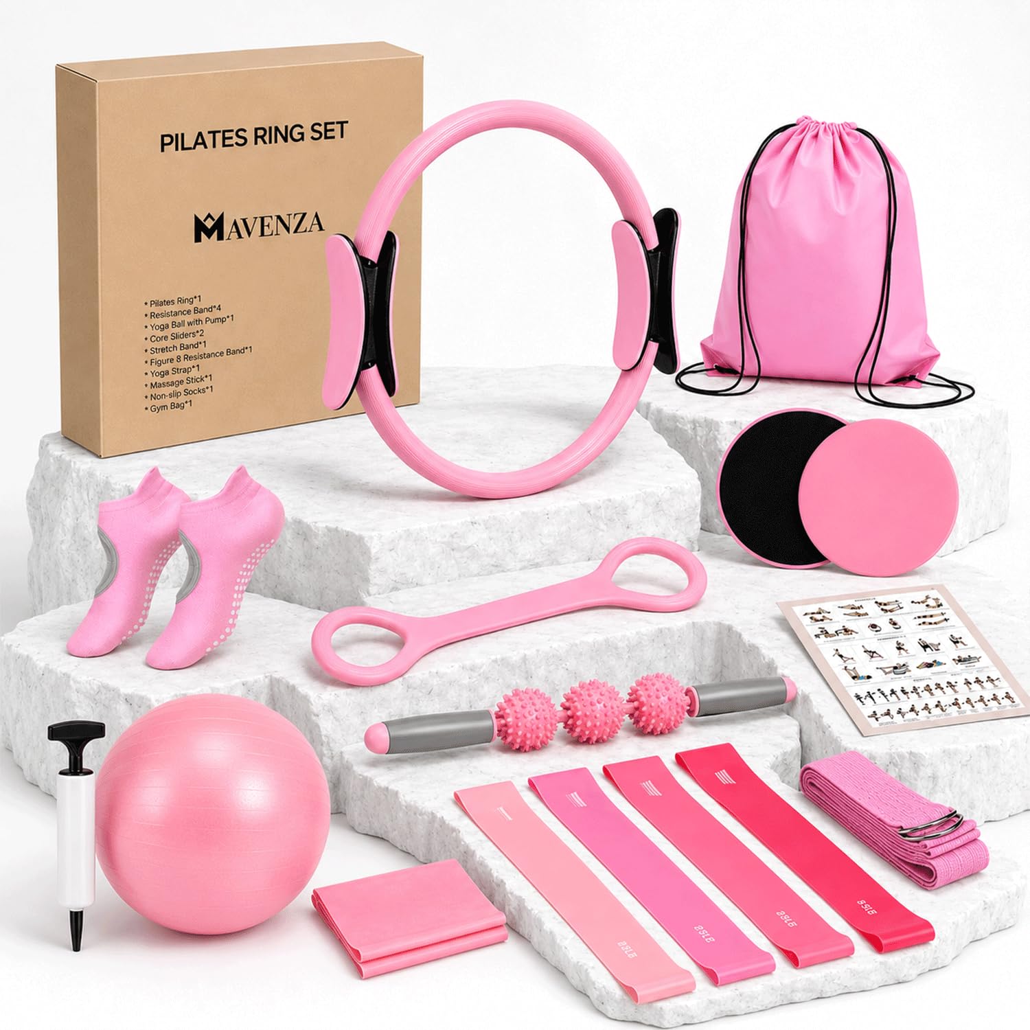 MAVENZA Pilates Ring Kit 14 PCS with Magic Circle, Resistance Bands, Yoga Ball with Pump, Core Sliders, Figure 8 Band, Yoga Strap, Massage Stick, Grip Socks, Gym Bag - Home Fitness for Women Men