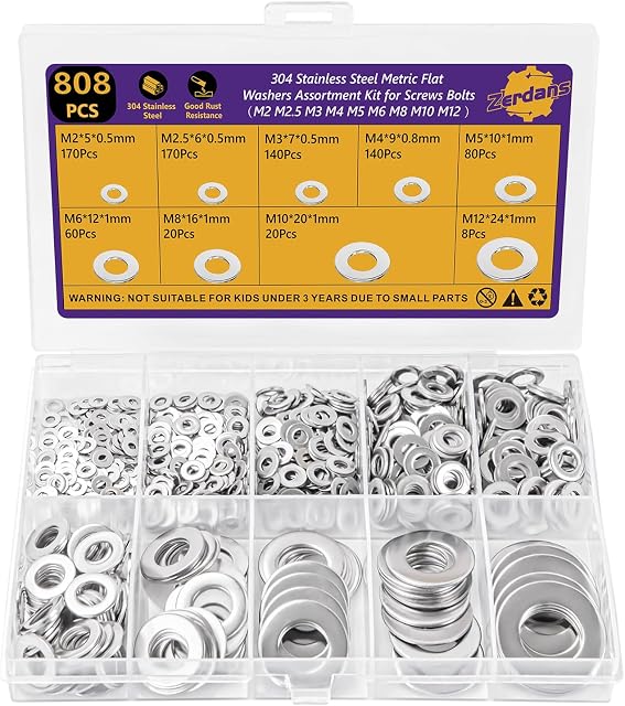 808PCS 304 Stainless Steel Flat Washers Assortment Kit, Metric M2 M2.5 M3 M4 M5 M6 M8 M10 M12 Round Washers for Screws & Bolts, Corrosion Resistant Hardware for DIY, Automotive & Household