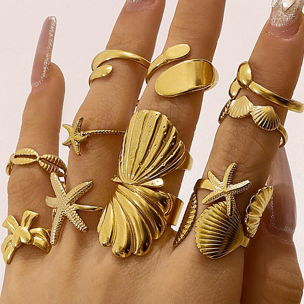 Gold Seashell Starfish Rings For Women Opening Shell Chunky Rings Gold Dainty Stacking Rings Summer Beach Surfer Jewelry - Image 7